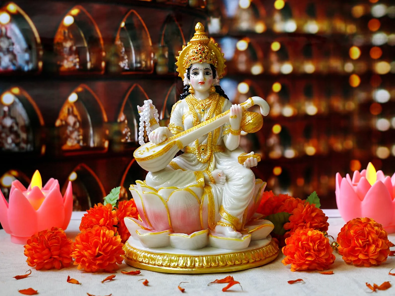 Hinduska bogini Saraswati statua - 21 cm H marmur wygląd duży indyjski idol Saraswati figurka Indie Diwali Murti Pooja rzeźba dom biuro świątynia Mandir Puja przedmiot ołtarz świątynia duchowa
