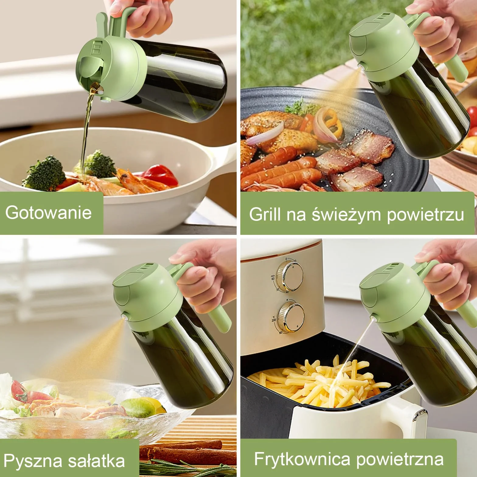 YARRAMATE blokujący światło rozpylacz ciemnego oleju do gotowania, 2 w 1 spryskiwacz do oleju do gotowania, 470 ml szklana na olej, 2 w 1 zielona butelka na olej (zielony)