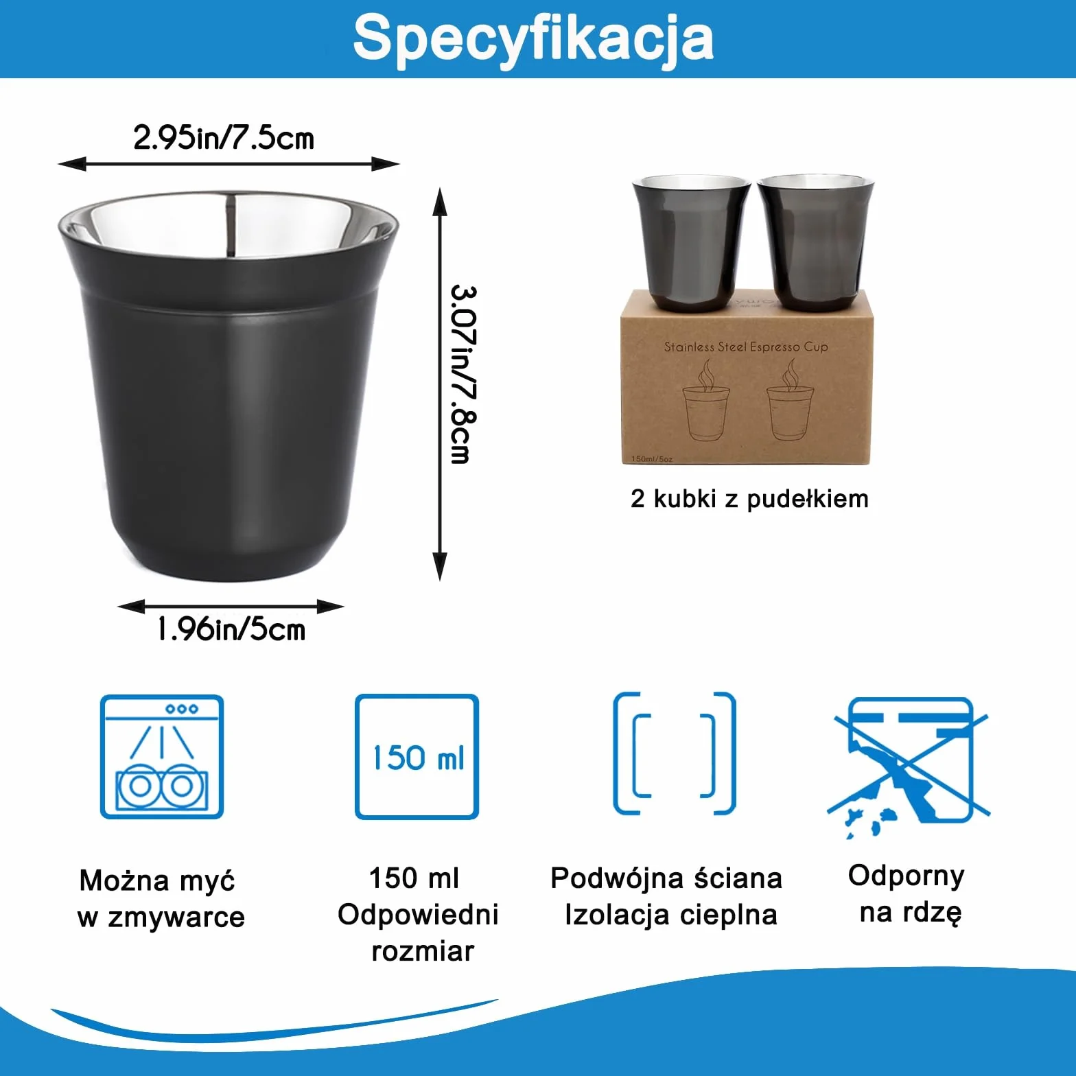 Easyworkz Espresso Podwójne ścianki ze stali nierdzewnej Izolowany metal 150 ml Kubek Demitasse Termoodporny Zestaw 2 szt. Czarny