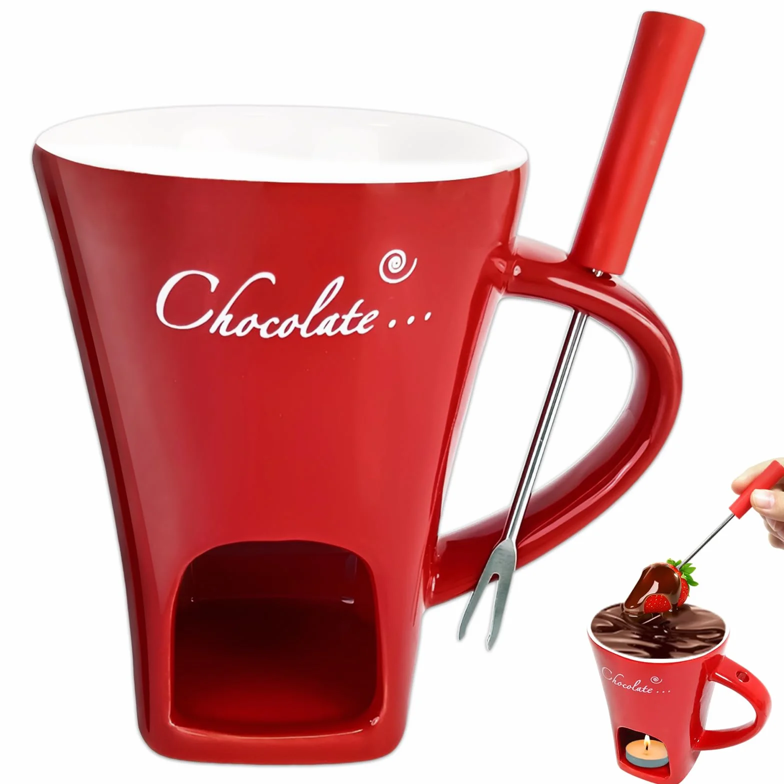 Kubek do fondue czekoladowego z widelcem, ceramiczna filiżanka do topienia czekolady, podgrzewacz do masła, podgrzewacz do sera, kubek do topienia czekolady na randkę, prezent urodzinowy, ślubny (bez