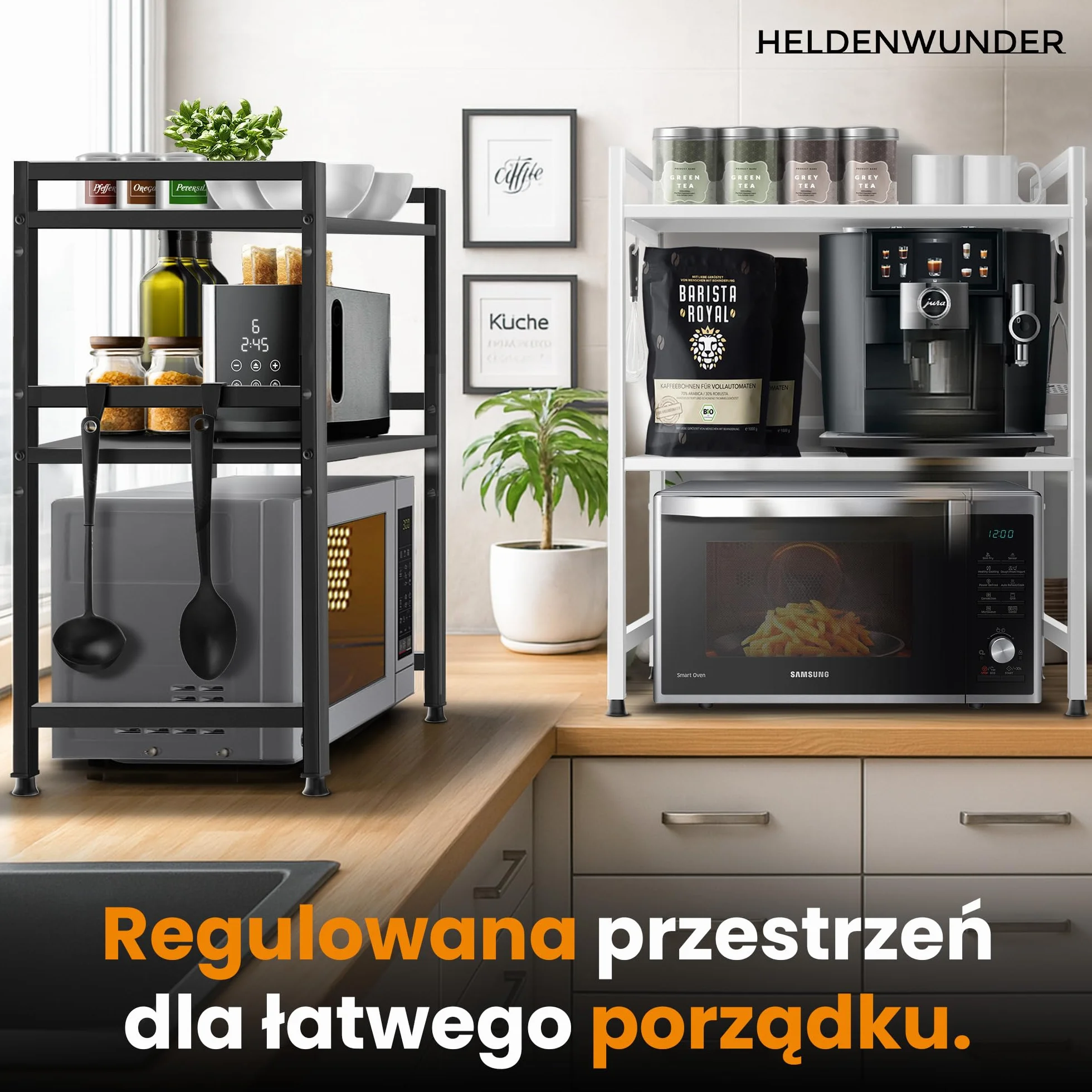 Heldenwunder Regał Mikrofala Regał Kuchenny stojący Stalowy (3-poziomowy) | Regał do Przechowywania Regał Piekarski z regulacją wysokości i długości + instrukcja wideo, haki – Biały