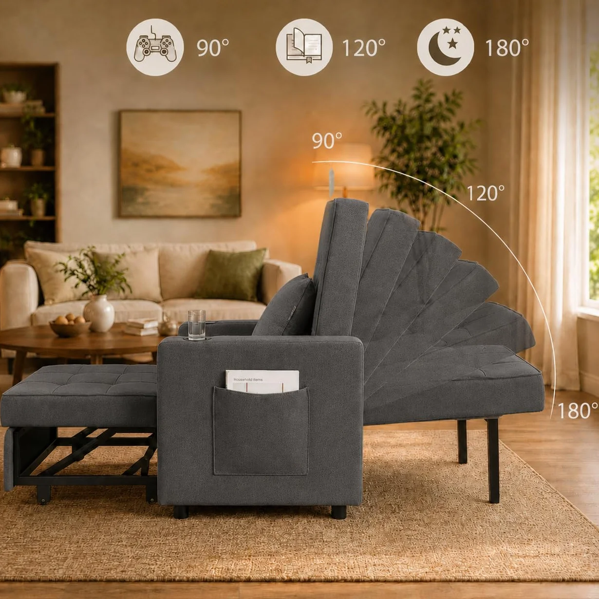 Fotel rozkładany, 3 w 1, z podłokietnikiem, regulowanym oparciem, 2 poduszki, uchwyt na kubek, do 150 kg, pojedyncza rozkładana sofa, do sypialni, salonu, ciemnoszary