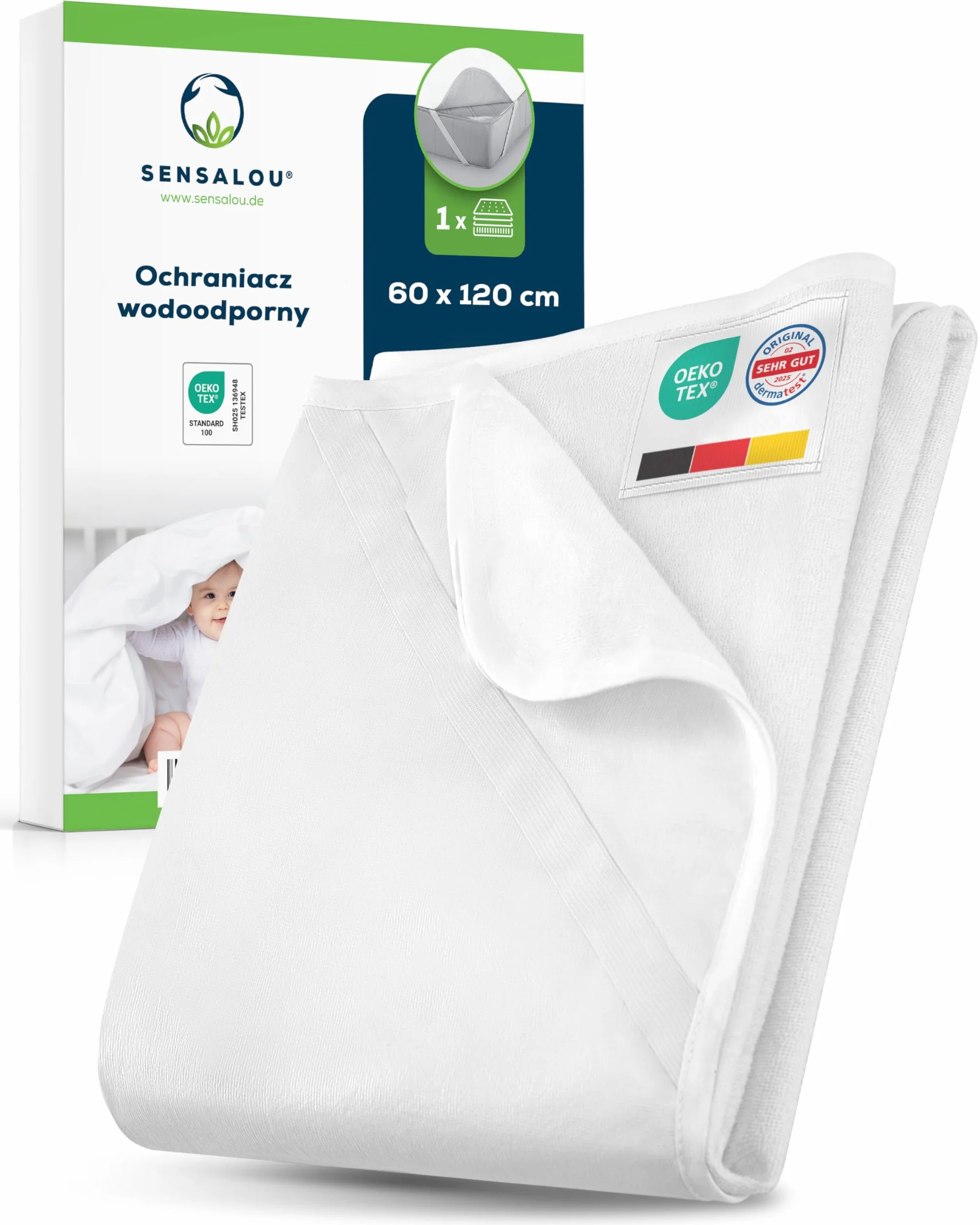 Sensalou Ochraniacz na materac wodoodporny 60x120 cm – Ochrona materaca na łóżeczko dziecięce i małe łóżeczko – wodoodporna podkładka ochronna, posiada certyfikat Oeko-TEX, można prać