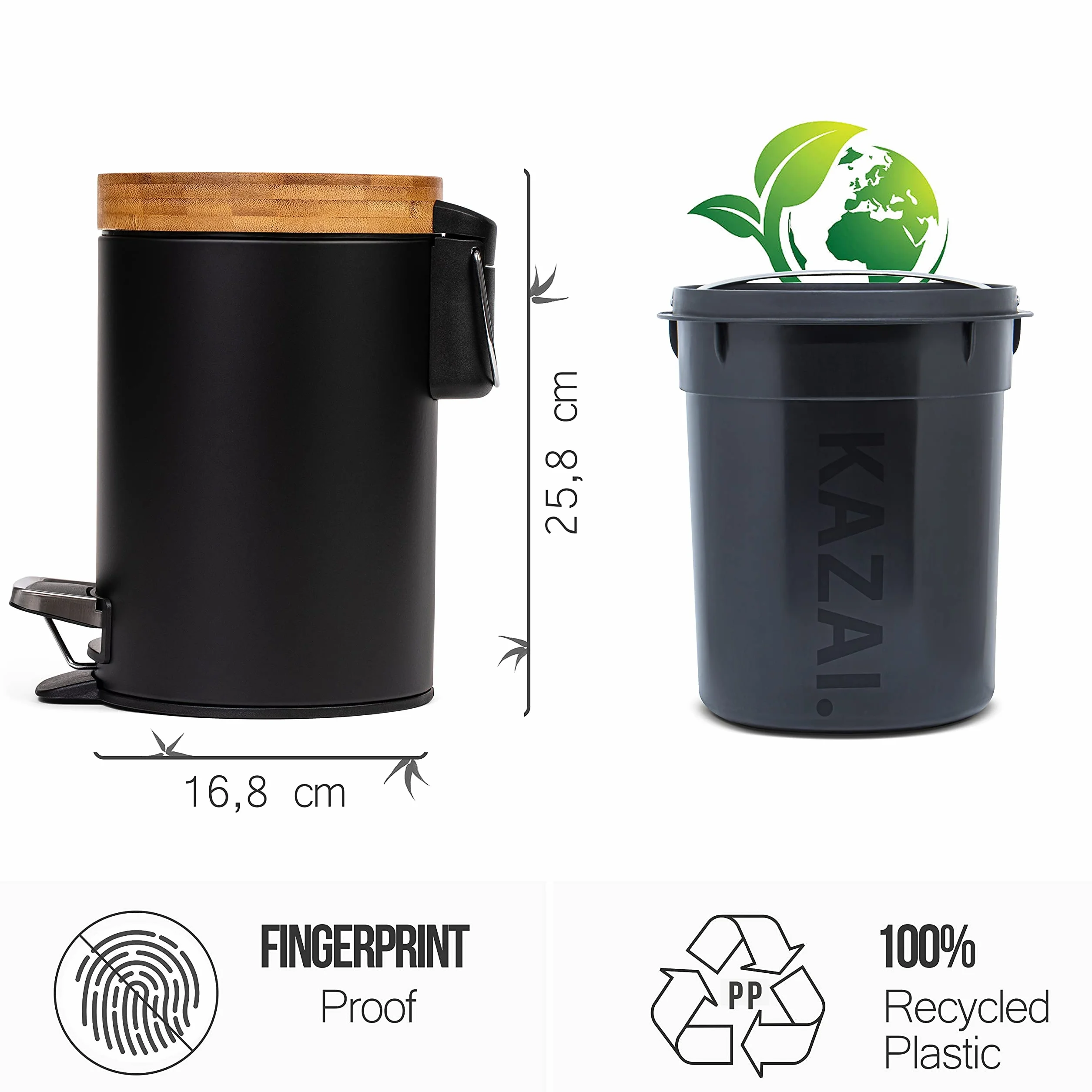 KAZAI 3 Litry Designerski kosz Łazienkowy Superior Bamboo Miękkie Zamknięcie Czarny