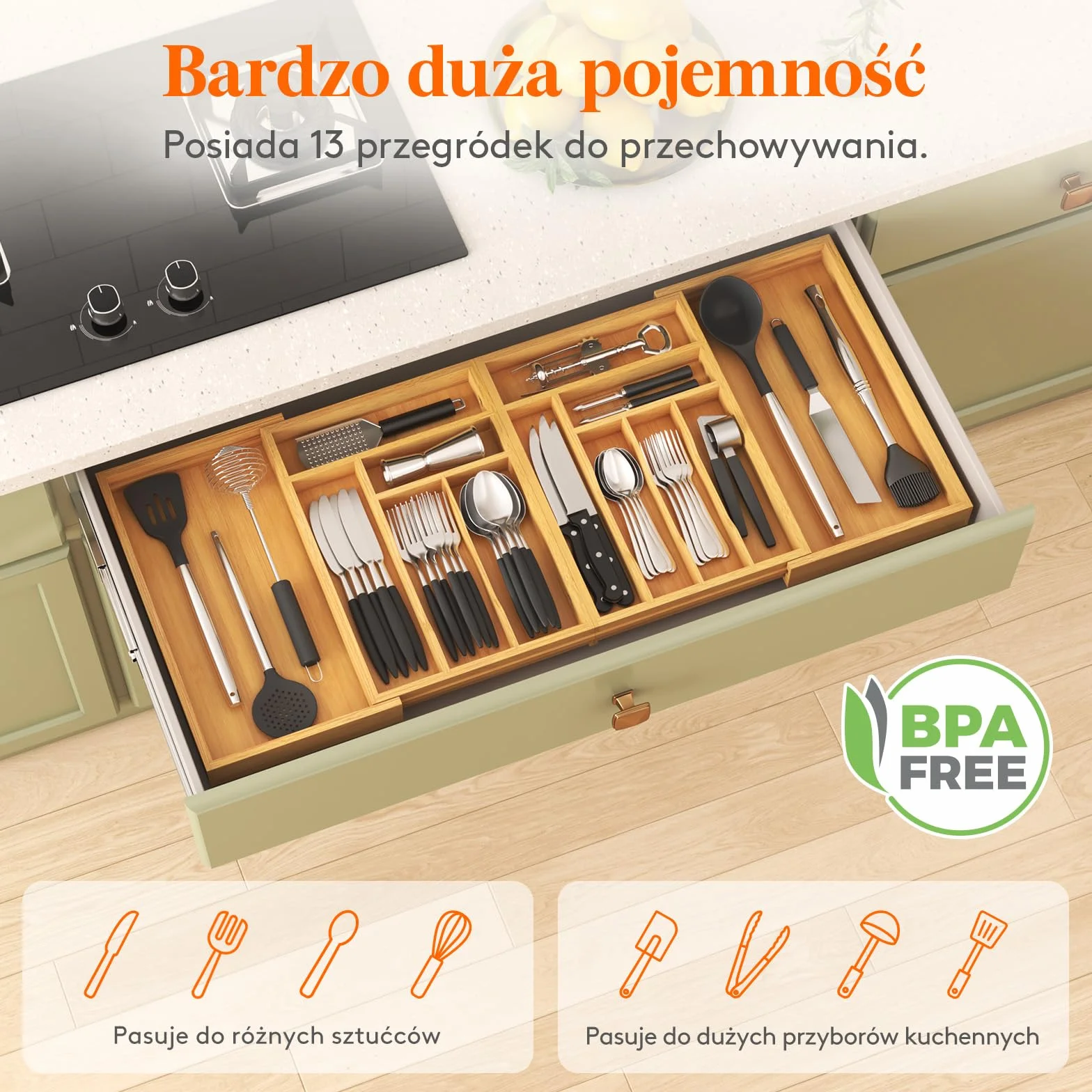 Lifewit Bambusa Organizer do Szuflady Kuchennej Regulowany 54.4-91.4 cm Szerokość 40 cm Głębokość