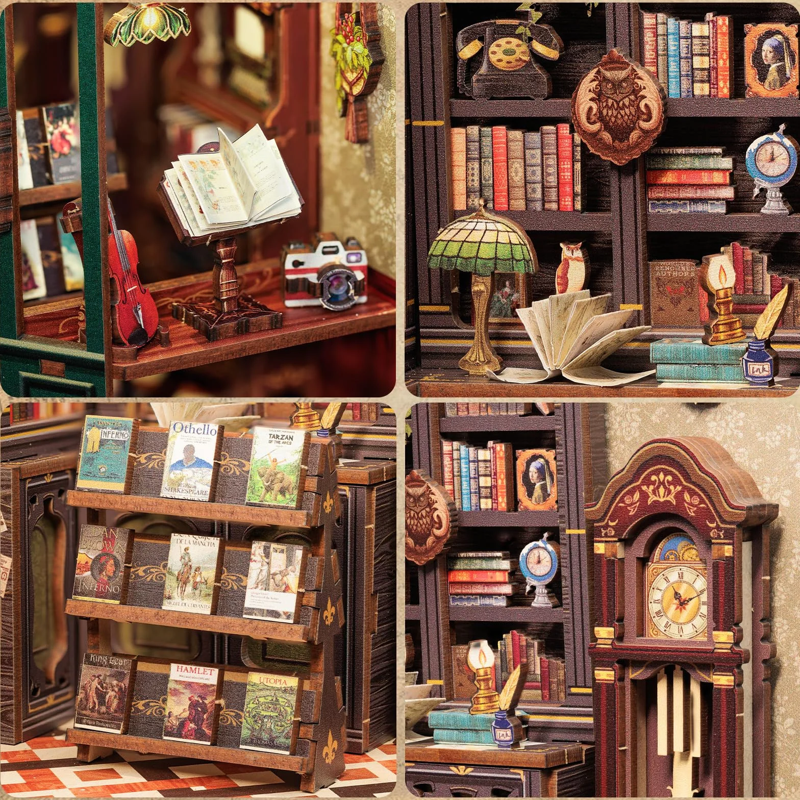 Fsolis Book Nook DIY zestaw, domki dla lalek, dekoracja regału na książki, zestaw modelarski dla dorosłych, kreatywny prezent (Owl Bookstore)