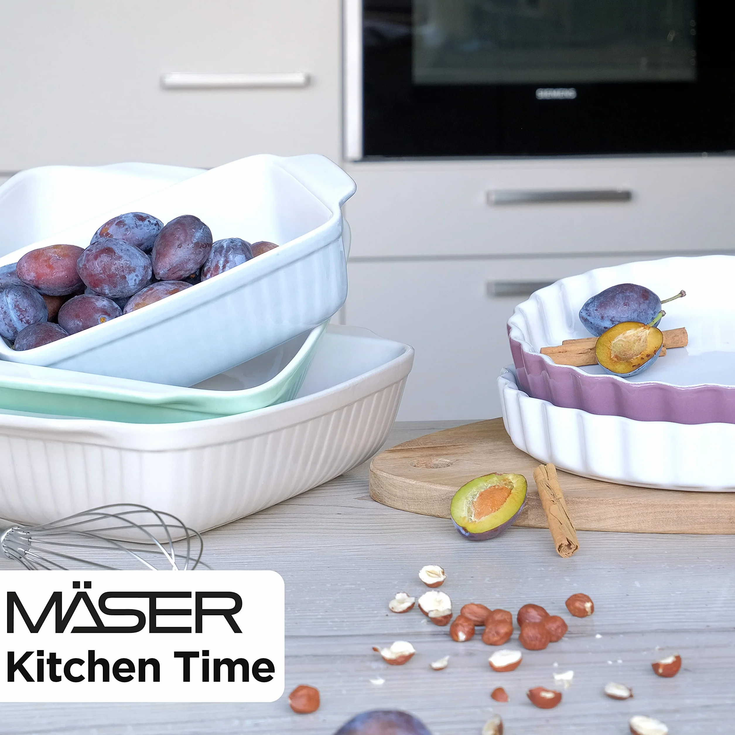 MÄSER 931135 Seria Kitchen Time, prostokątne formy do zapiekanek, zestaw 2 sztuk, prostokątne formy do piekarników, idealne również do lasagne, odporne na zarysowania i cięcie, ceramika, 33 x 24 x 8 cm / 25,5 x 16 x 7 cm, niebieskie