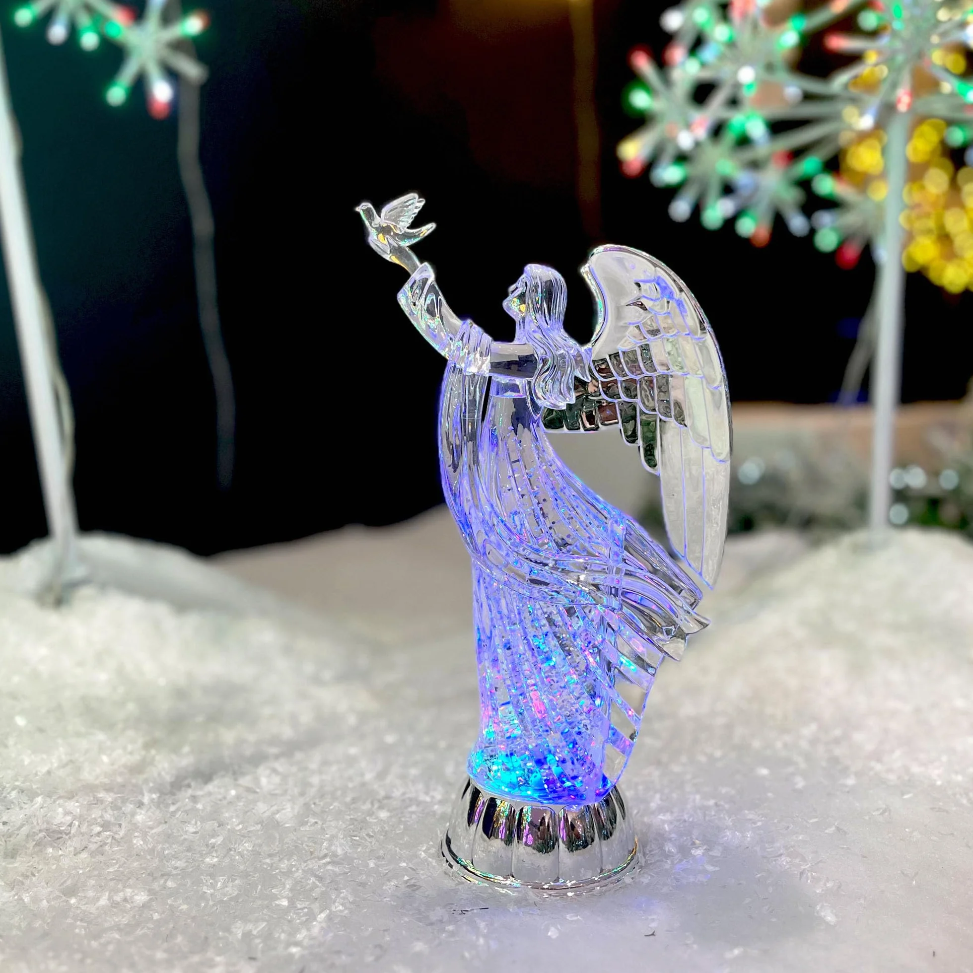 SHATCHI 30 cm LED świecąca figurka anioła – na cieście wirujący brokat obracający się na wodzie kula śnieżna - akrylowa ozdoba na stół Boże Narodzenie dekoracje do domu, powierzchnia boczna