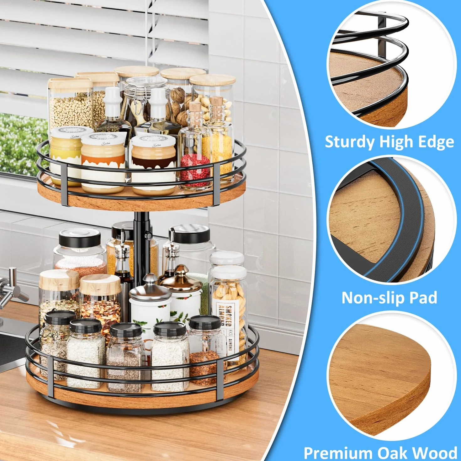 Lazy Susan obrotowy organizer, regulowany, 2-poziomowy drewniany obrotowy stojak na przyprawy, 30 cm, Lazy Susan, do kuchni, szafki, spiżarni, łazienki, kawiarni, baru, przechowywania w domu