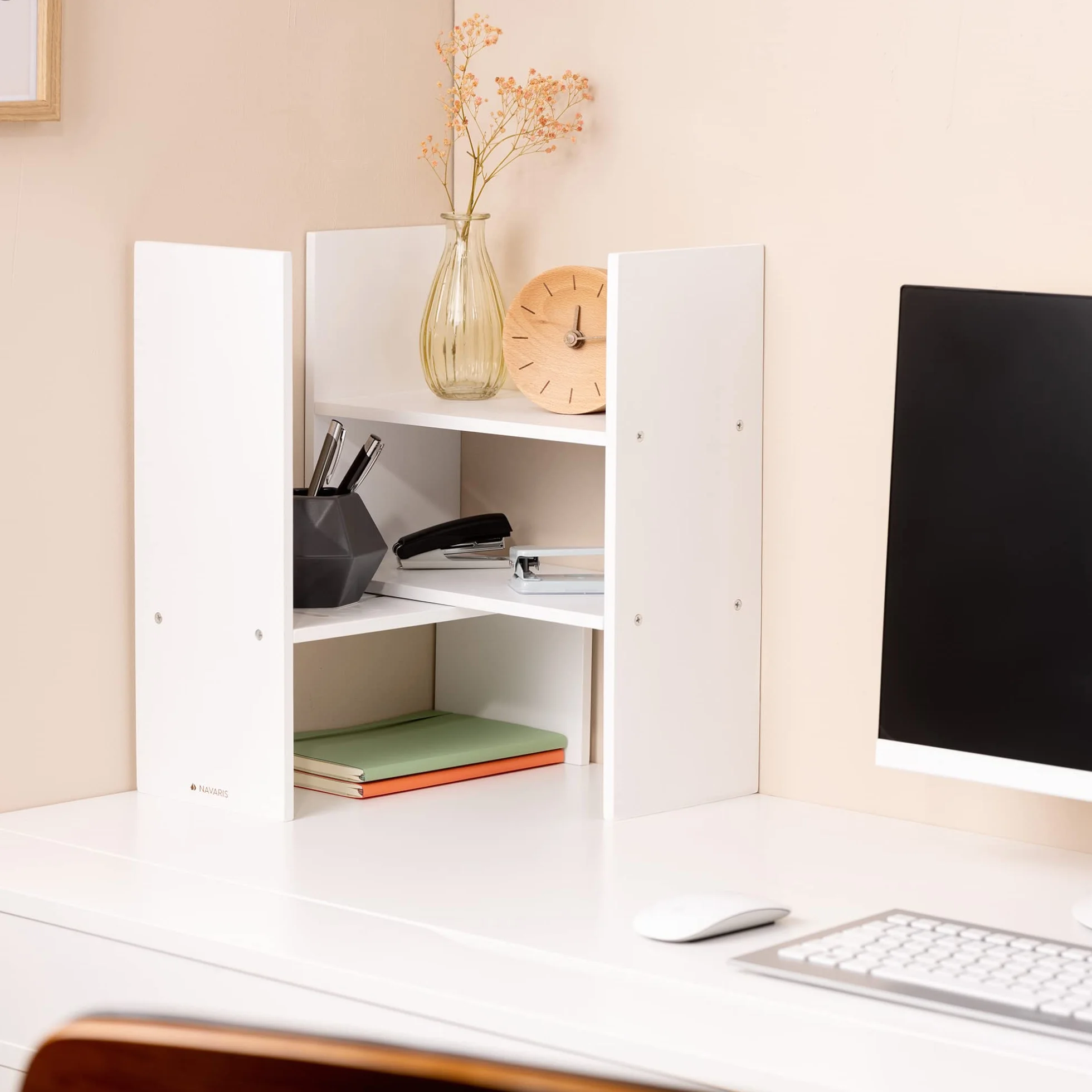 Navaris Bambusowy organizer na biurko 64 x 15,5 x 40 cm regulowany regał narożny biały