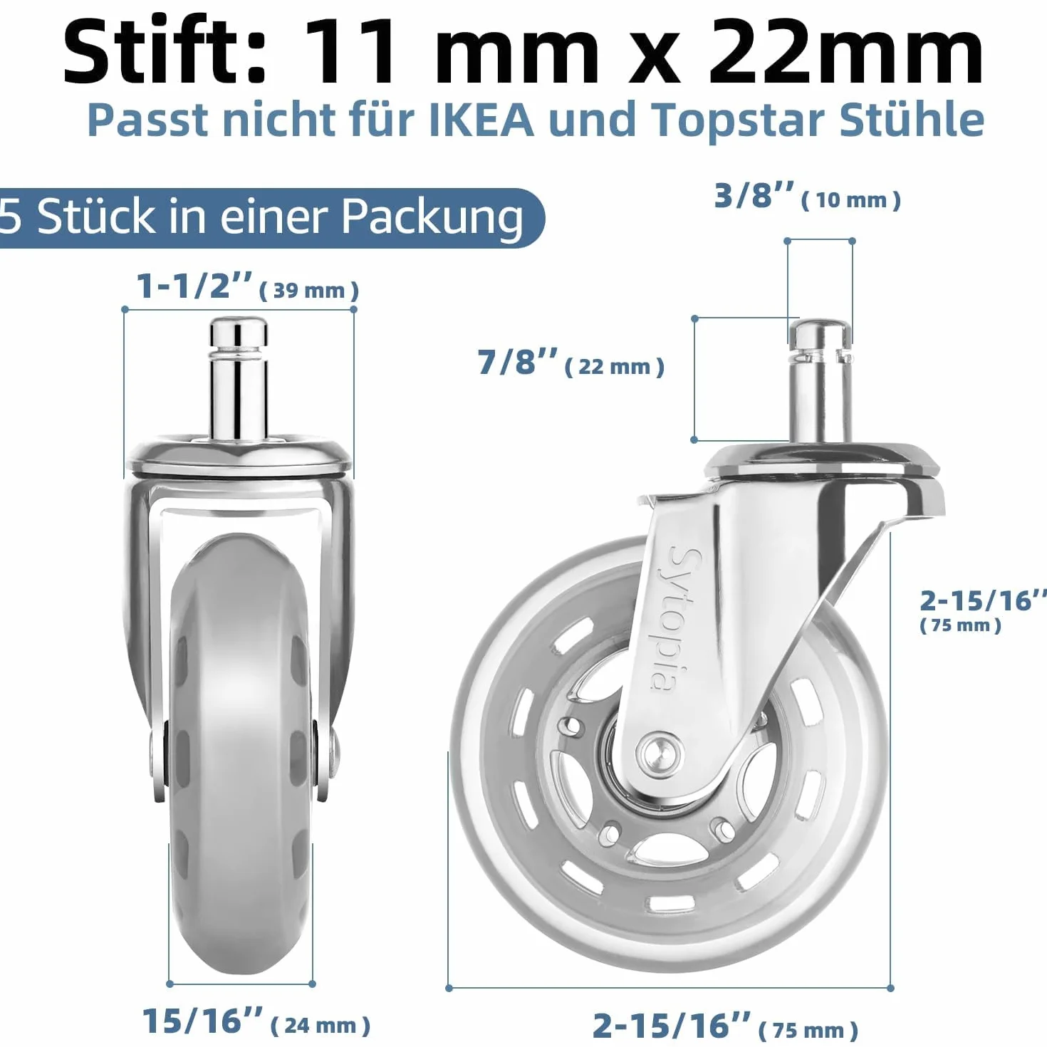 Sytopia Gumowe kółka do krzeseł biurowych, 11 mm, 11 mm x 22 mm, gumowe kółka do krzeseł biurowych, zestaw 5 sztuk, do twardych podłóg, parkietu, laminatu, mat ochronnych podłogowych, nie pasują do
