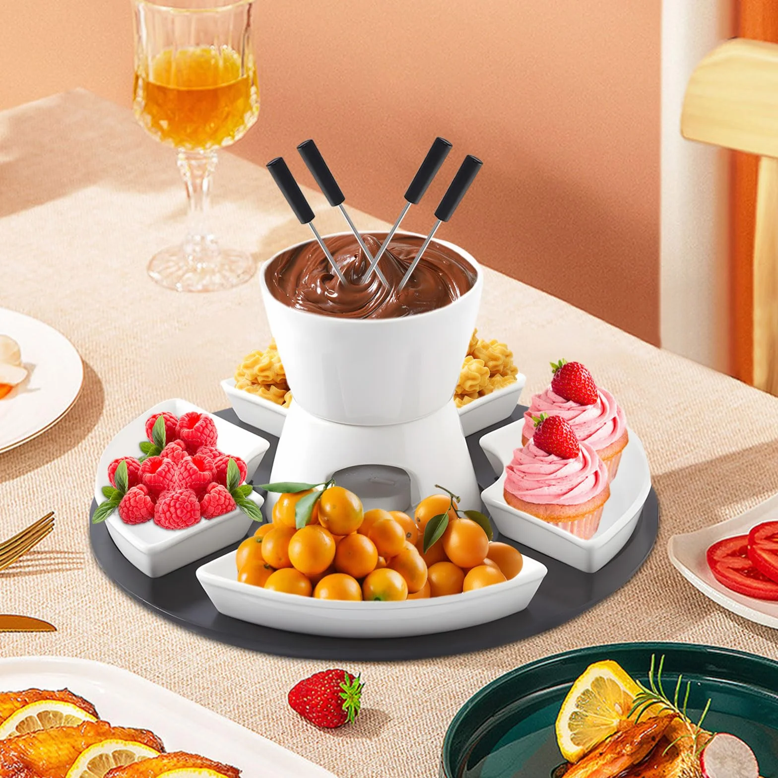 Ceramiczny zestaw do fondue czekoladowego z drewnianą paletą 4 talerze