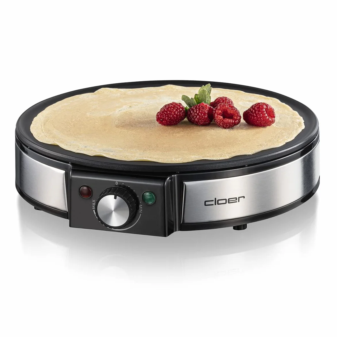 Cloer 6630 Naleśnikarka na słodkie lub słone naleśniki o średnicy 30 cm Ø, 1200 W, Powłoka nieprzywierająca, w zestawie Crêpes Turner i Rozrzutnik ciasta, czarny