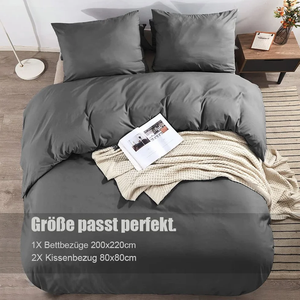 Soifox Komplet pościeli z mikrofibry, szary antracyt, nie wymaga prasowania i nie gniecie się, zestaw 2-częściowy: poszwa 200 x 220 cm, poszewka na poduszkę 80 x 80 cm, z zamkiem błyskawicznym