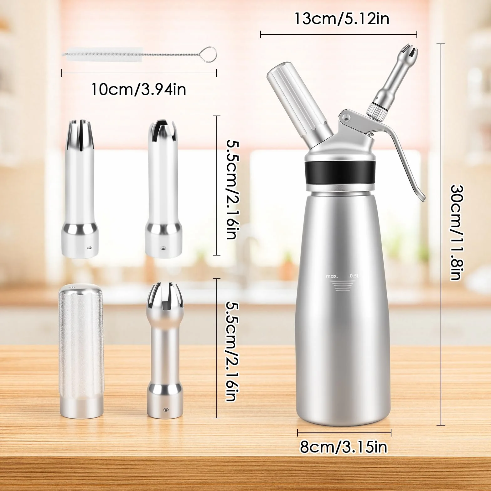 Syfon aluminiowy dozownik śmietany 500 ml z 3 dyszami ze stali nierdzewnej