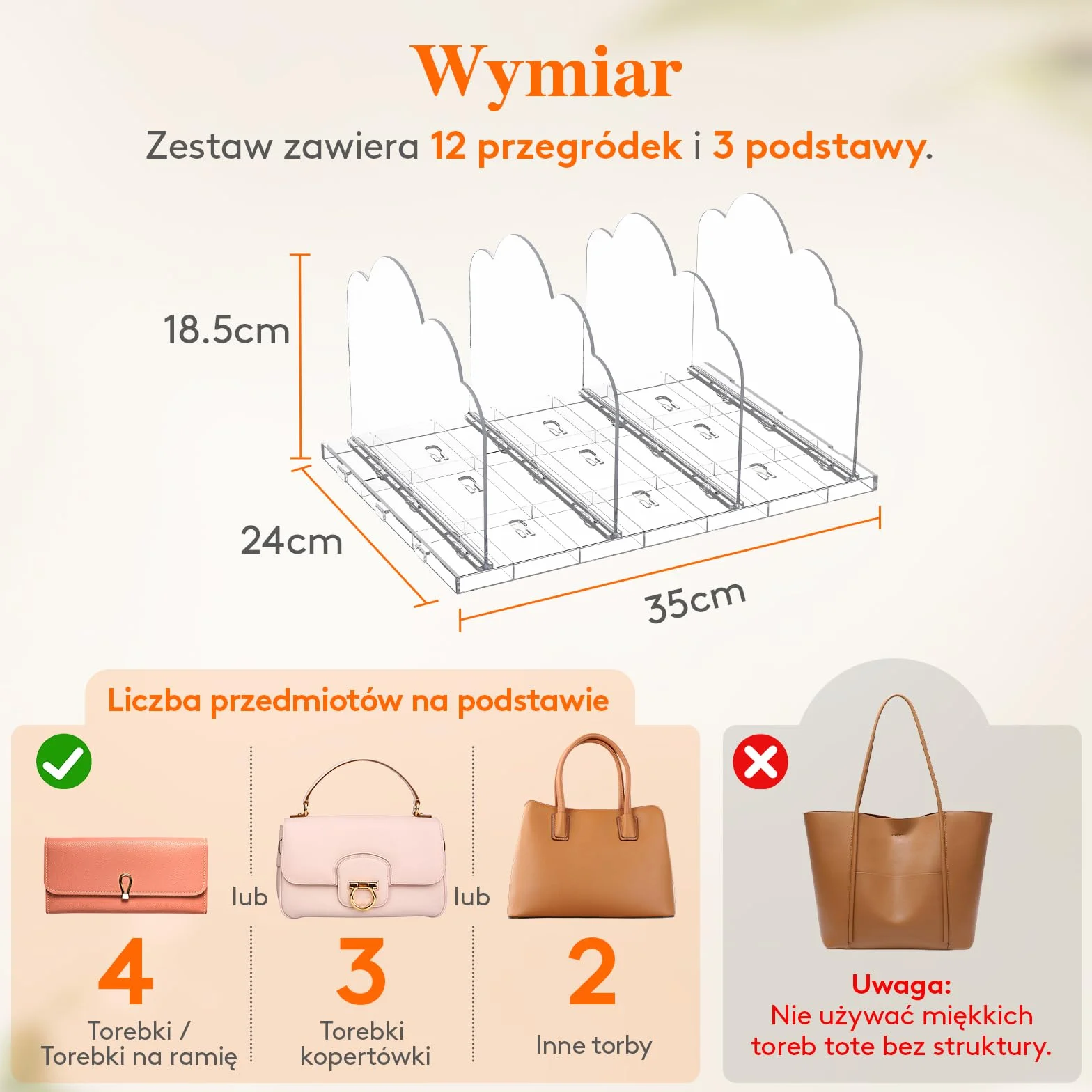 Lifewit 3 sztuki przezroczystych przegródek do torebki, stojaka, szafy, kopertówki, toreb do przenoszenia, książek w sypialni