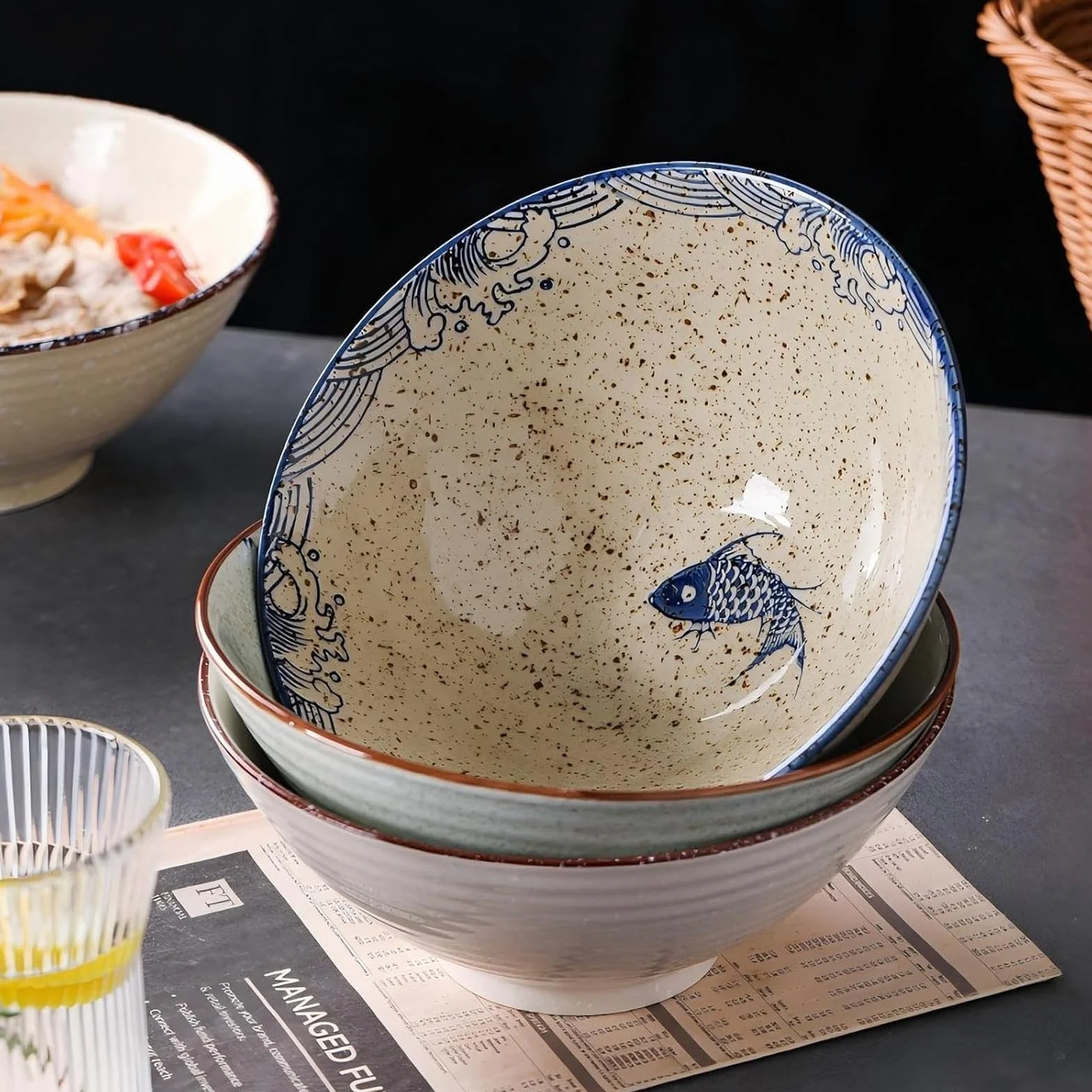 2 zestawy ceramiczna miska na ramen 1200 ml, zestaw misek ramenowych 1200 ml, duża japońska miska na zupę z makaronem, z pałeczkami i łyżką, do zupy ramenowej, makaronu, Macedonii, ryżu
