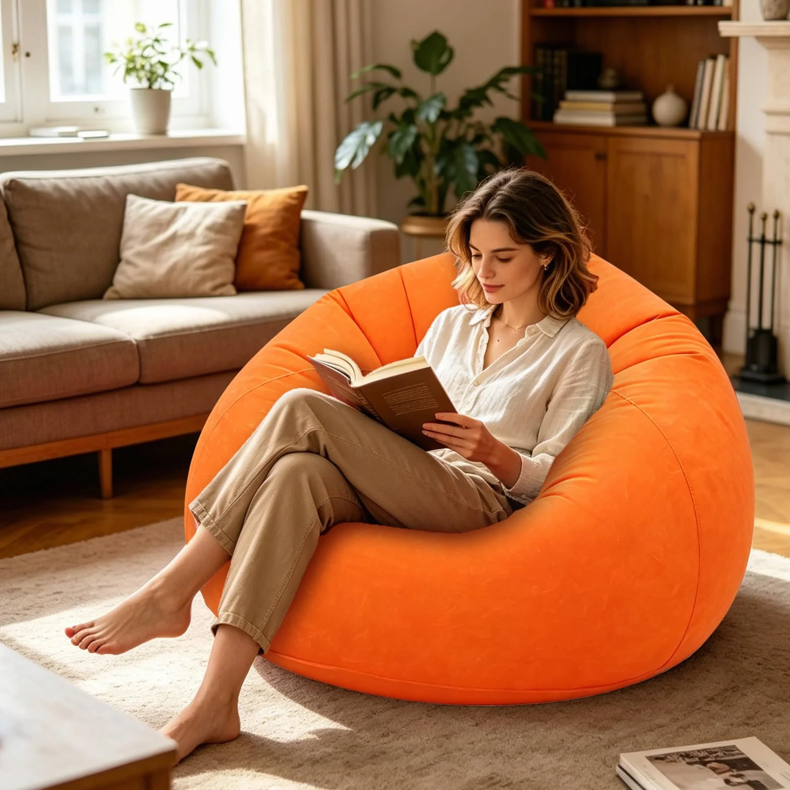 FARYODI Sofa dmuchana, nadmuchiwana kanapa, 105 x 105 x 60 cm, bardzo miękki fotel, bez wypełnienia ziarnami, szybko nadmuchiwany i przenośny, do salonu, ogrodu, na kemping (pomarańczowa)