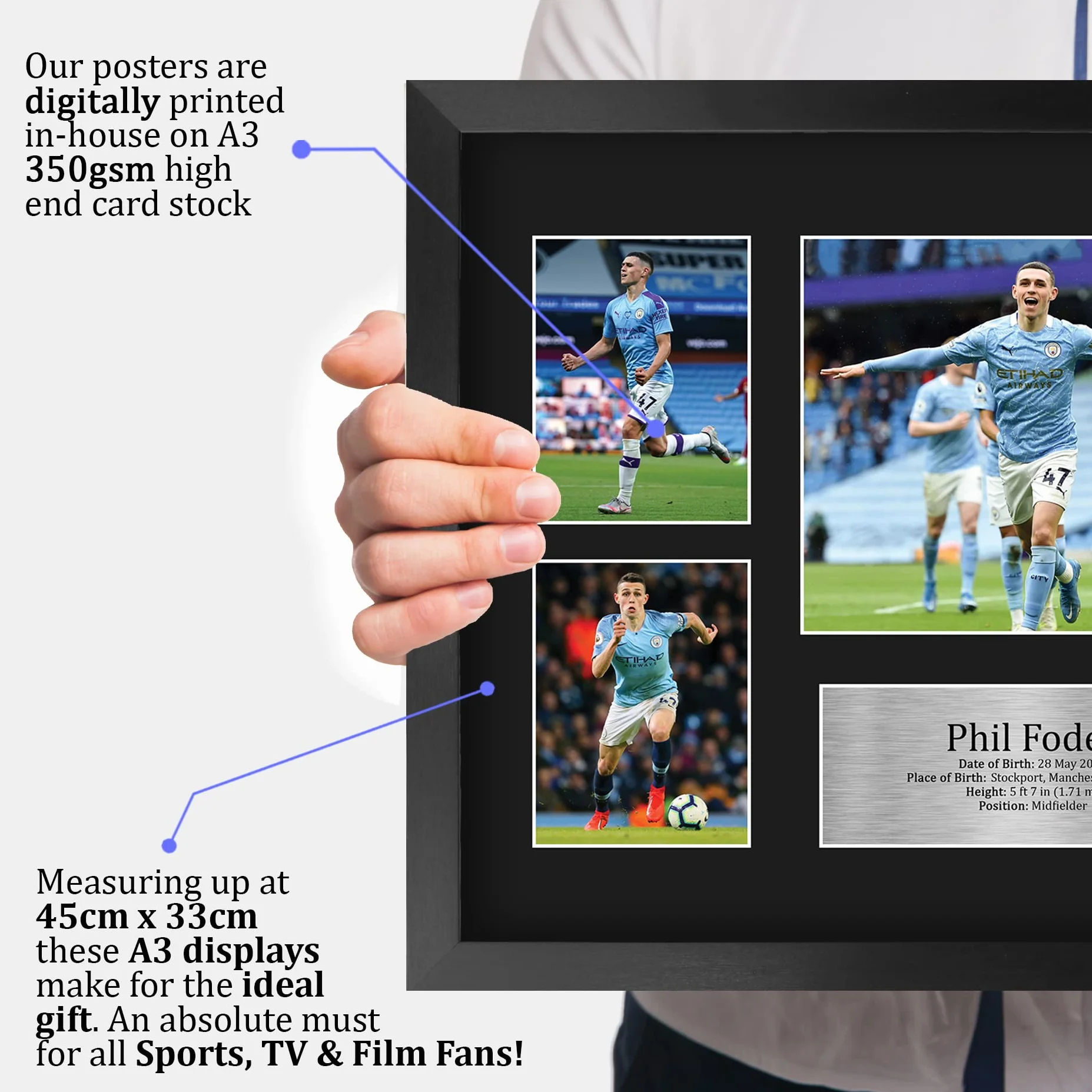 HWC Trading FR A3 Phil Foden Manchester City Prezenty Drukowane Podpisane Zdjęcie Z Autografem Dla Fanów Piłki Nożnej I Kibiców - A3 Framed