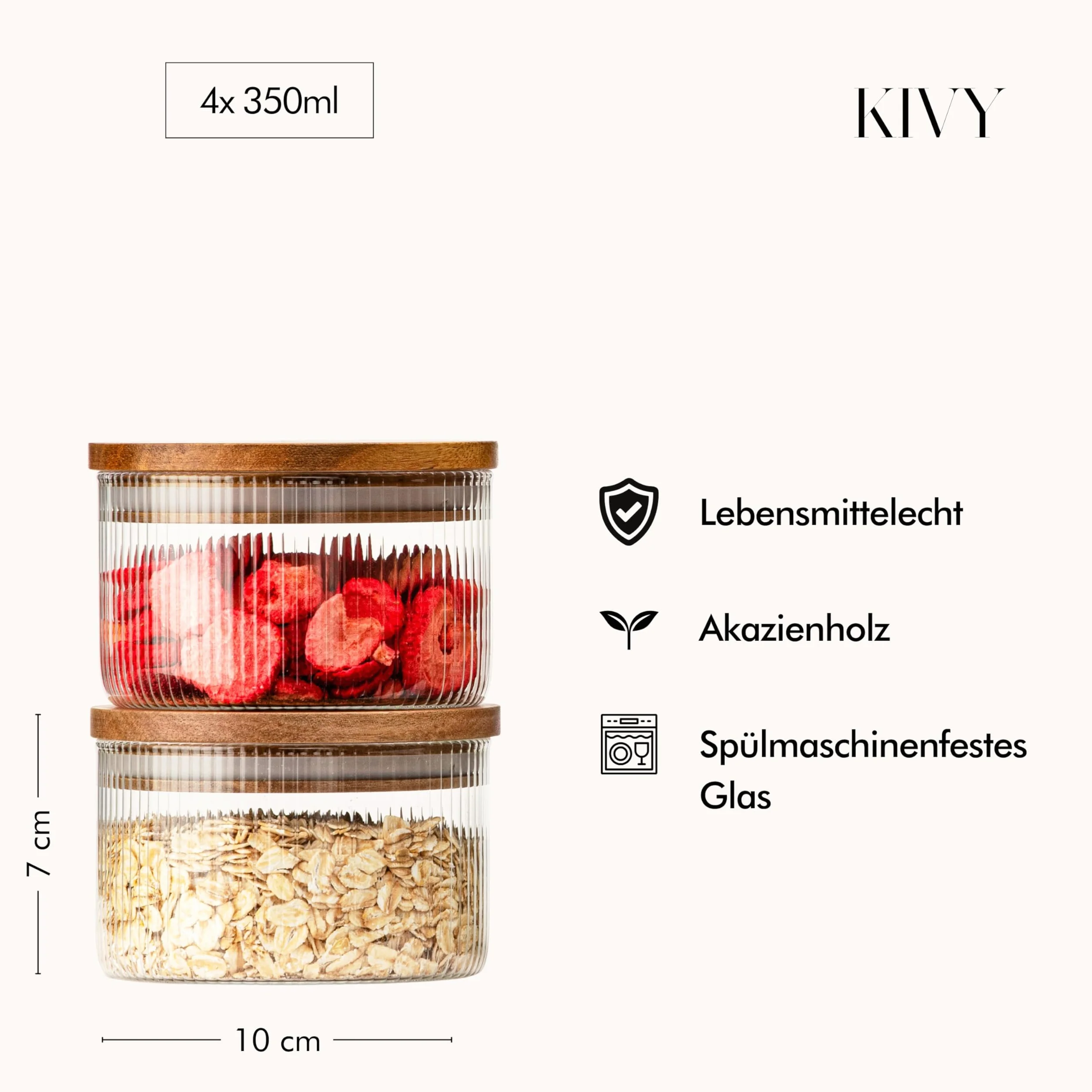 KIVY Riffel słoiki na zapasy z pokrywką – 4 x 350 ml – małe pojemniki na zapasy z pokrywką z drewna akacjowego – słoiki na zapasy szklane z pokrywką – słoiki do przechowywania z pokrywką