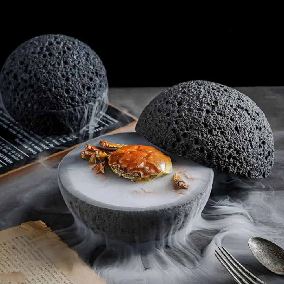Japońska planeta kamień wulkaniczny artystyczne naczynie wahadło owoce sushi sashimi talerz na lód, 12 cm, łatwy w użyciu, czarny