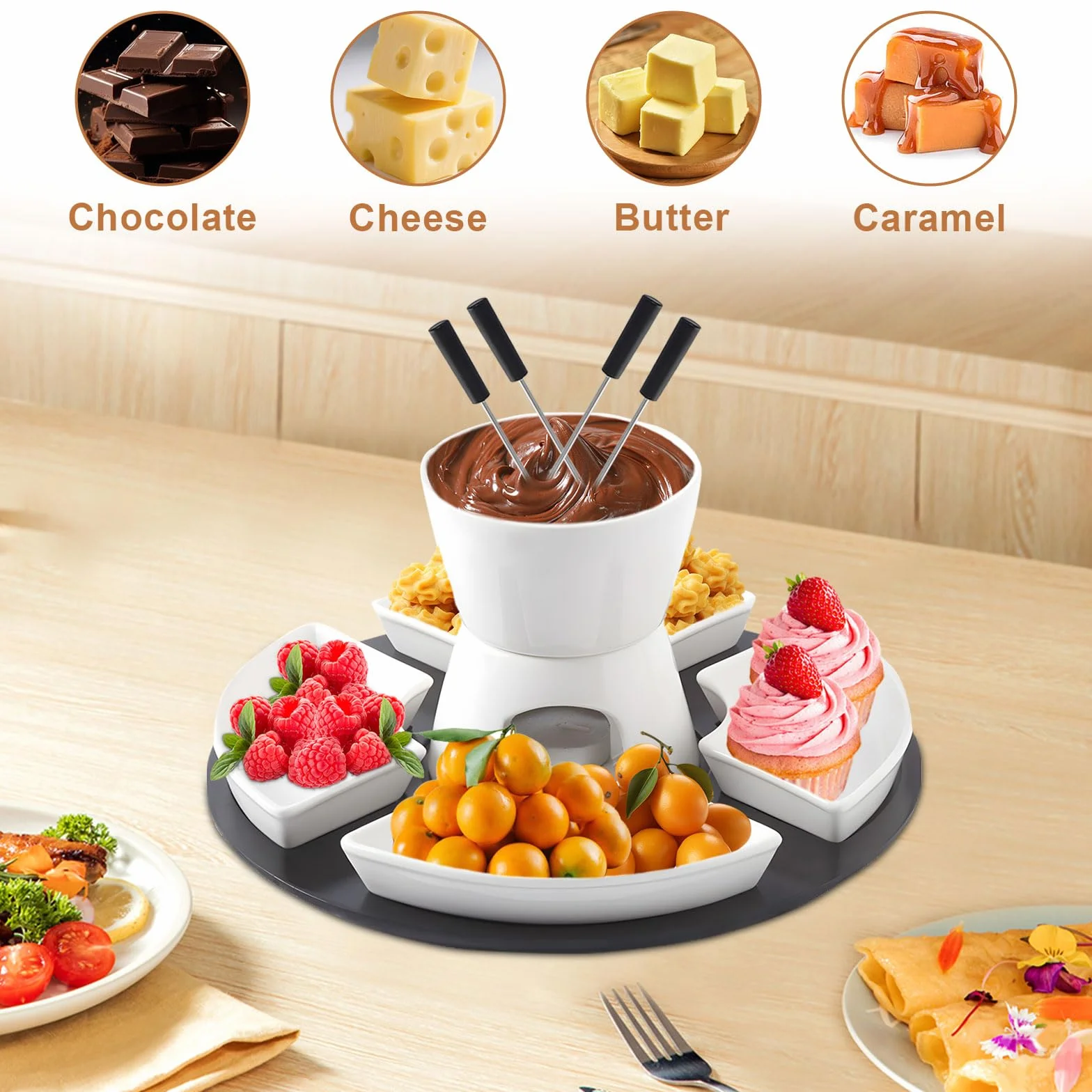 Ceramiczny zestaw do fondue czekoladowego z drewnianą paletą 4 talerze