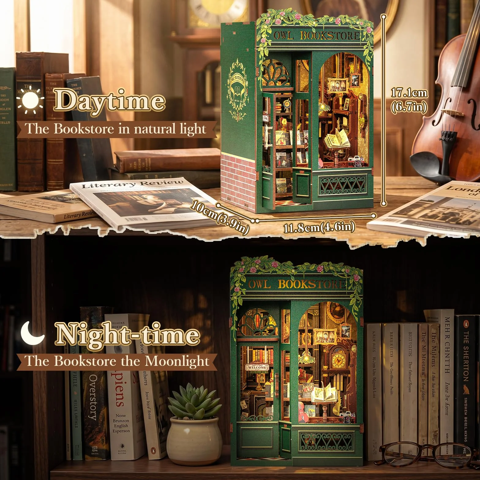 Fsolis Book Nook DIY zestaw, domki dla lalek, dekoracja regału na książki, zestaw modelarski dla dorosłych, kreatywny prezent (Owl Bookstore)
