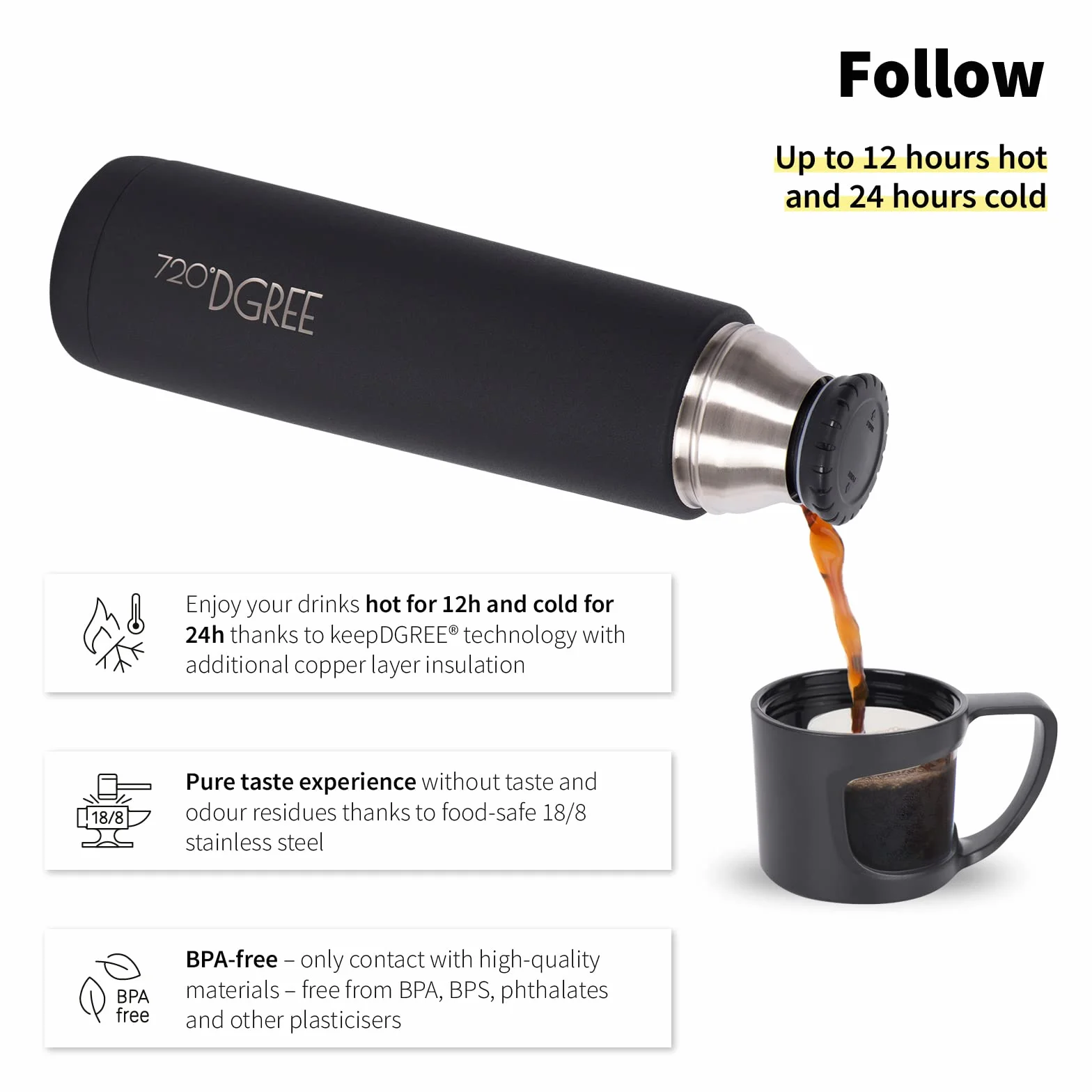 720°DGREE Termo Flask Follow – butelka termiczna ze stali nierdzewnej 450 ml 700 ml 1 l