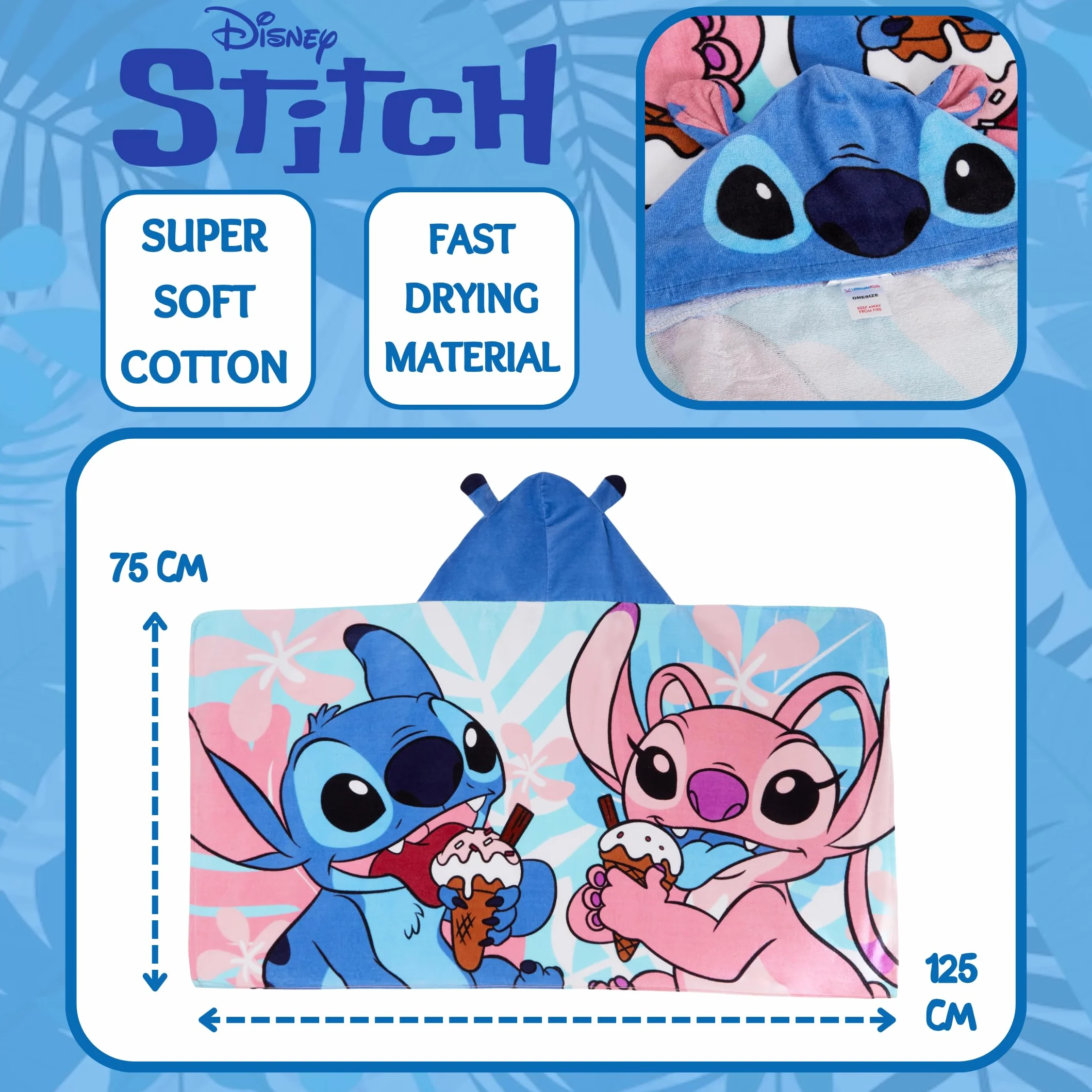 Ręcznik z kapturem Disney Stitch Angel Poncho 100% bawełny Ręcznik plażowy dla dzieci Ręcznik kąpielowy Szlafrok kąpielowy dla dzieci