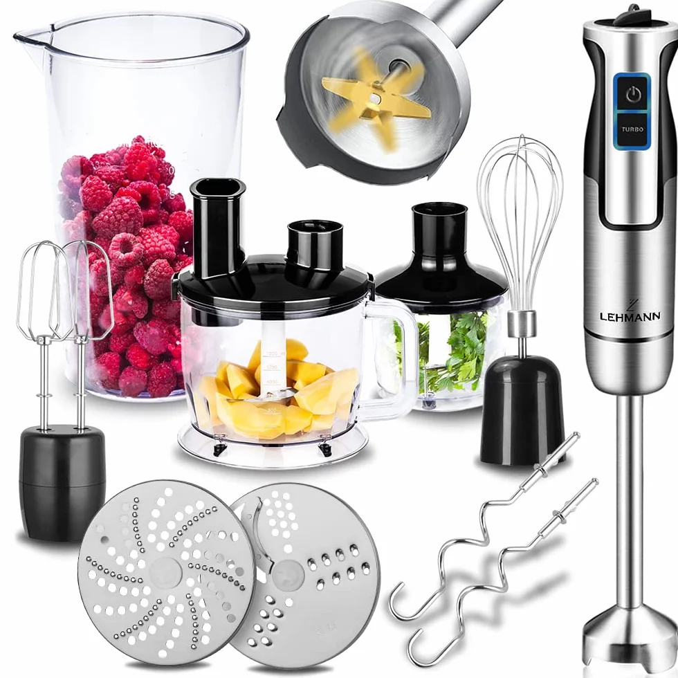 LEHMANN Wielofunkcyjny blender ręczny Chopsui 1200 W z funkcją turbo i regulacją prędkości, srebrny, mocny, Funkcja turbo, najmocniejszy mikser, tarki do tarcia ziemniaków