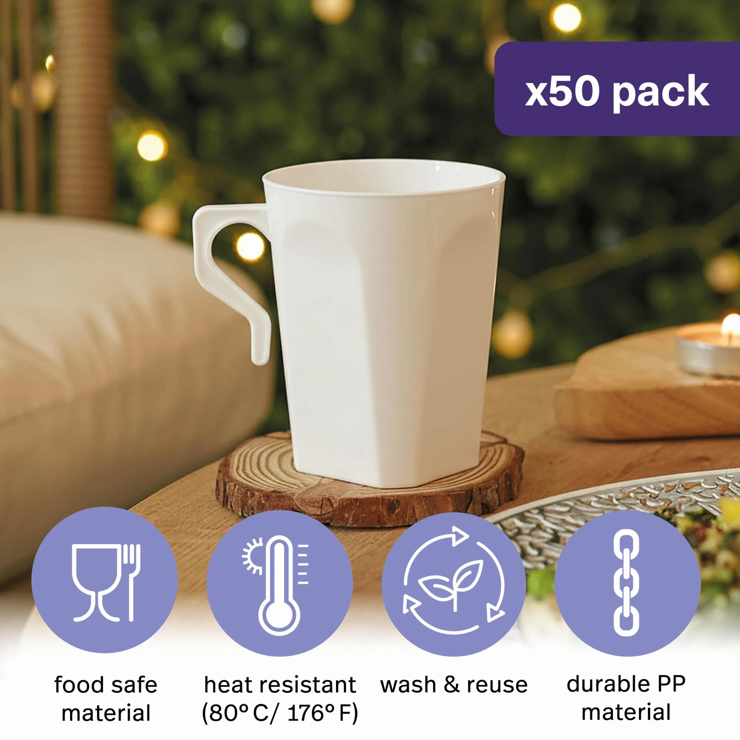 MATANA 50 białych kubków z twardego plastiku, 240 ml - kawa, herbata, czekolada, napoje gorące i zimne - stabilne i wielokrotnego użytku - na kemping, wesela, pikniki, grillowanie, imprezy na świeżym