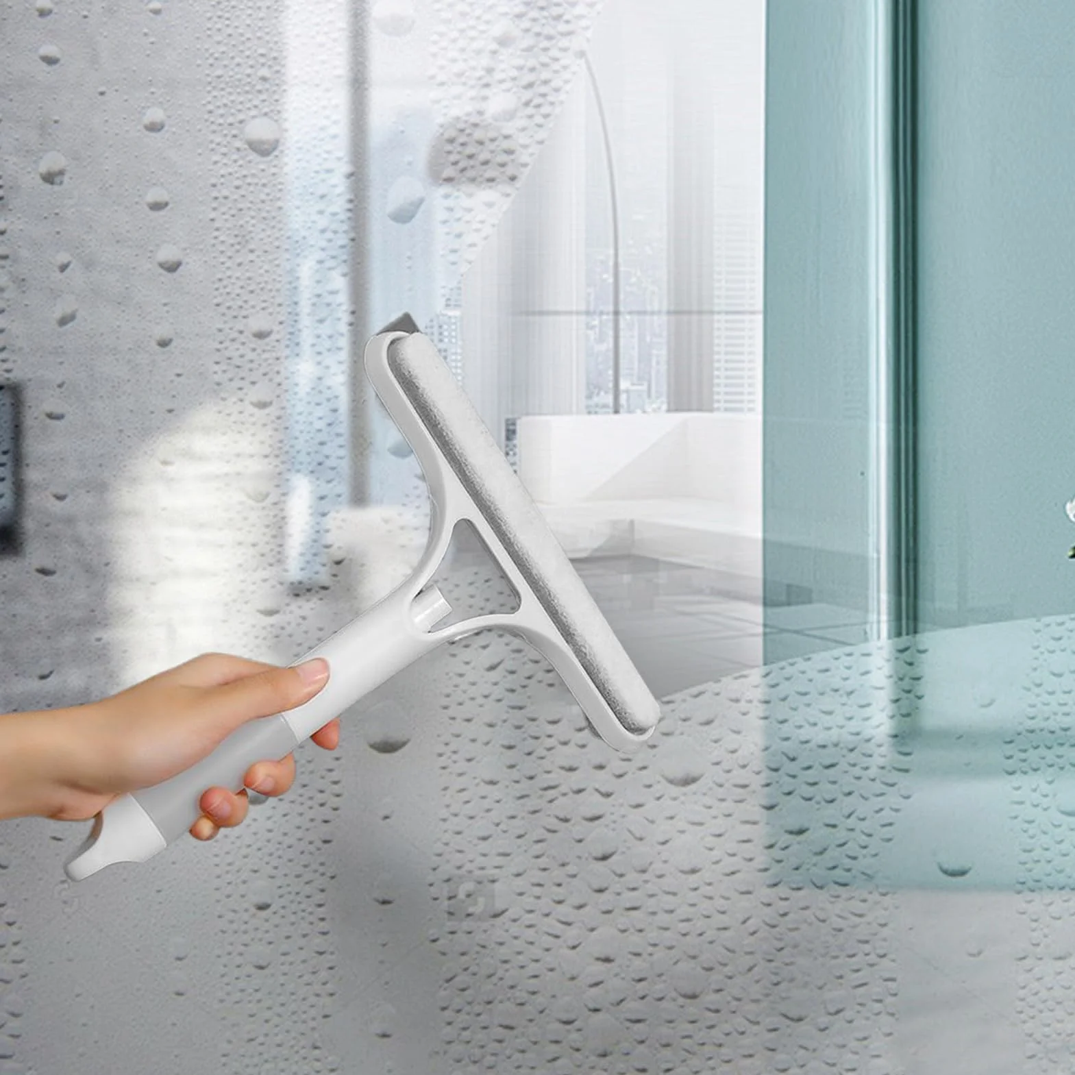 Window Squeegee with Built-in Spray Function, 8.46x10.12x1.18 inches, Glass Cleaner, Compact Handheld Tool for Home Bathroom