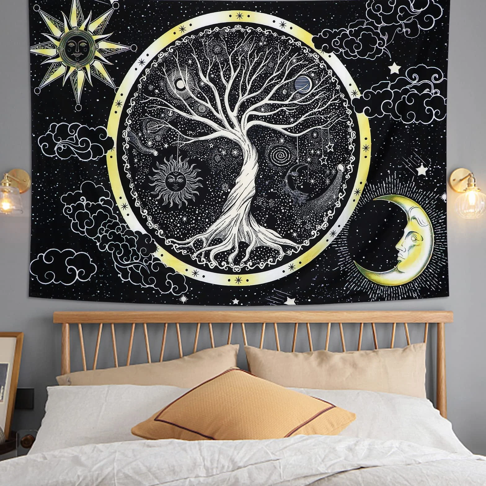 Wiszący Gobelin Psychodeliczny Księżyc i Słońce Drzewo Życia Czarno-Biały Mandala 148x200cm