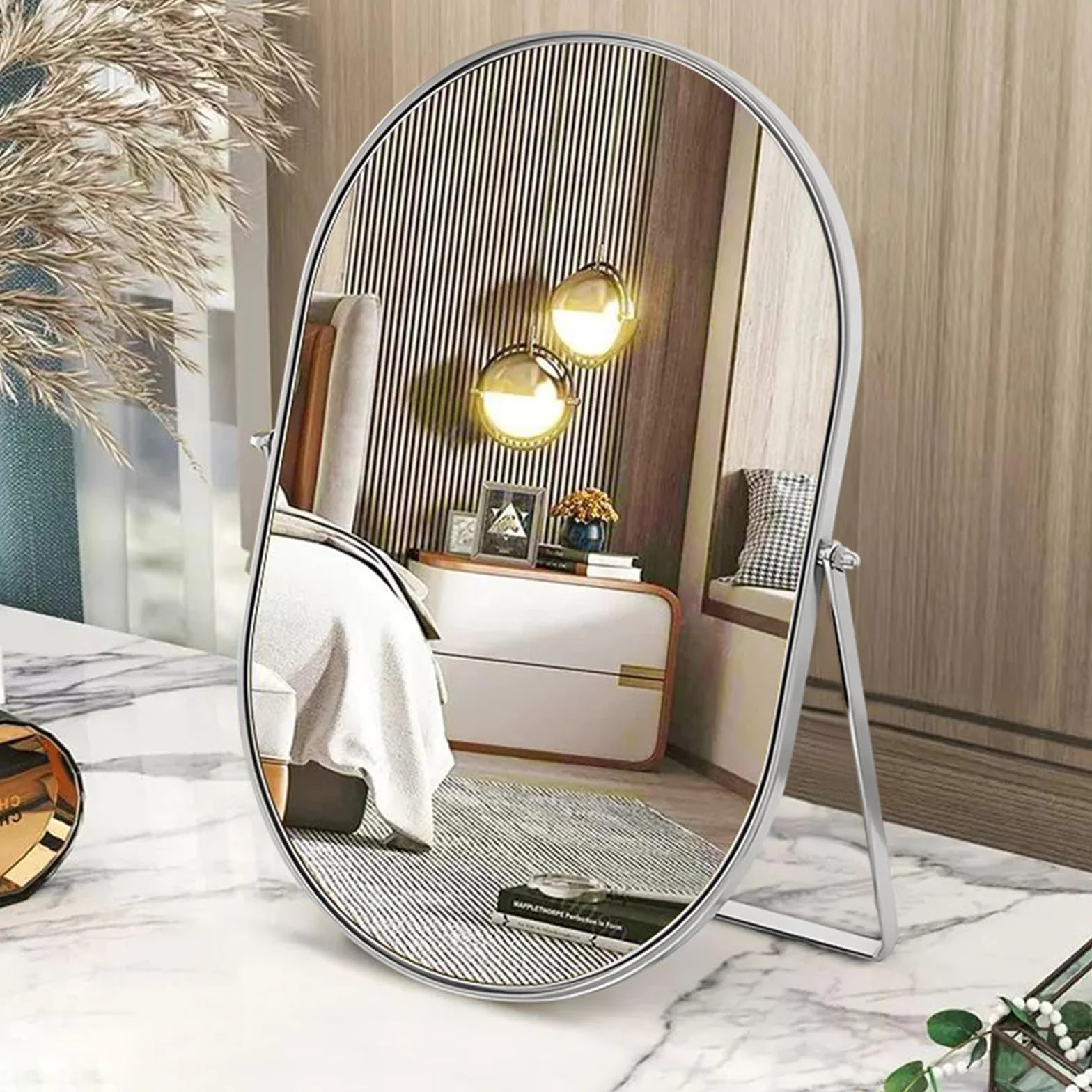 Lustro stołowe, 90 ° obracane owalne lustro do makijażu, metalowe ramki lusterka stołowe, srebrne przenośne lusterka o wysokiej rozdzielczości na blat toaletka salon