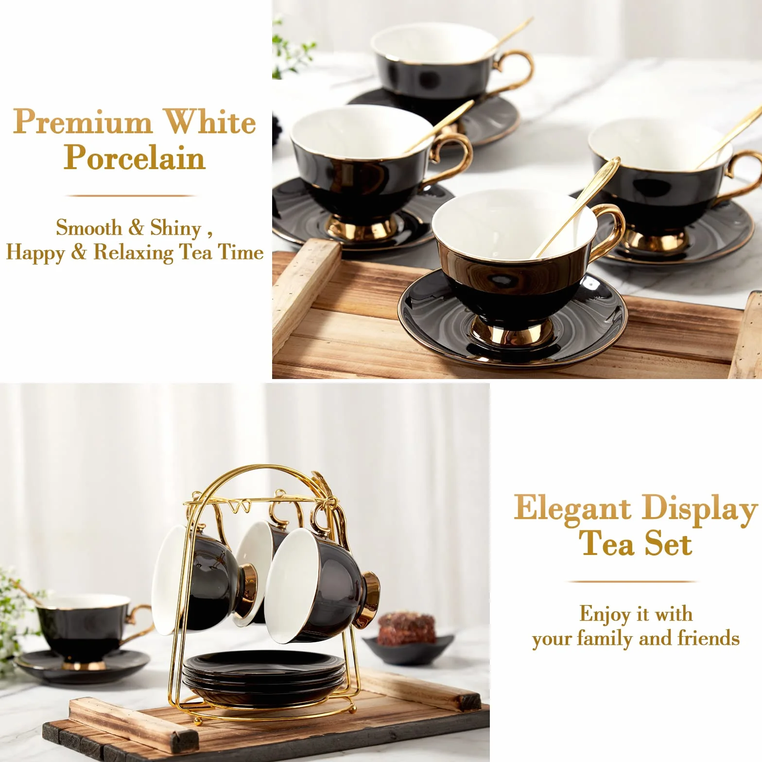 DUJUST Zestaw 4 filiżanek do herbaty i spodków (220 ml), luksusowy, do herbaty, ze złotym wykończeniem, czarne, do kawy, z metalowym stojakiem, brytyjska porcelana, na przyjęcie herbaciane, czarne
