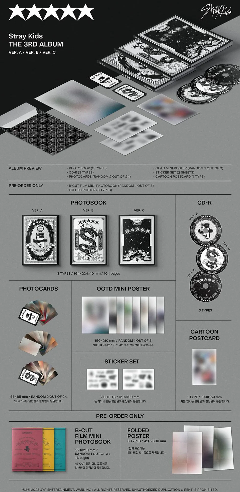 STRAY KIDS 5 STAR wersja C 3rd album CD-R składany plakat zdjęcia OOTD Mini plakat naklejka kartka z kreskówkami dodatkowe 4 zdjęcia 1 dwustronny fotokard lustro