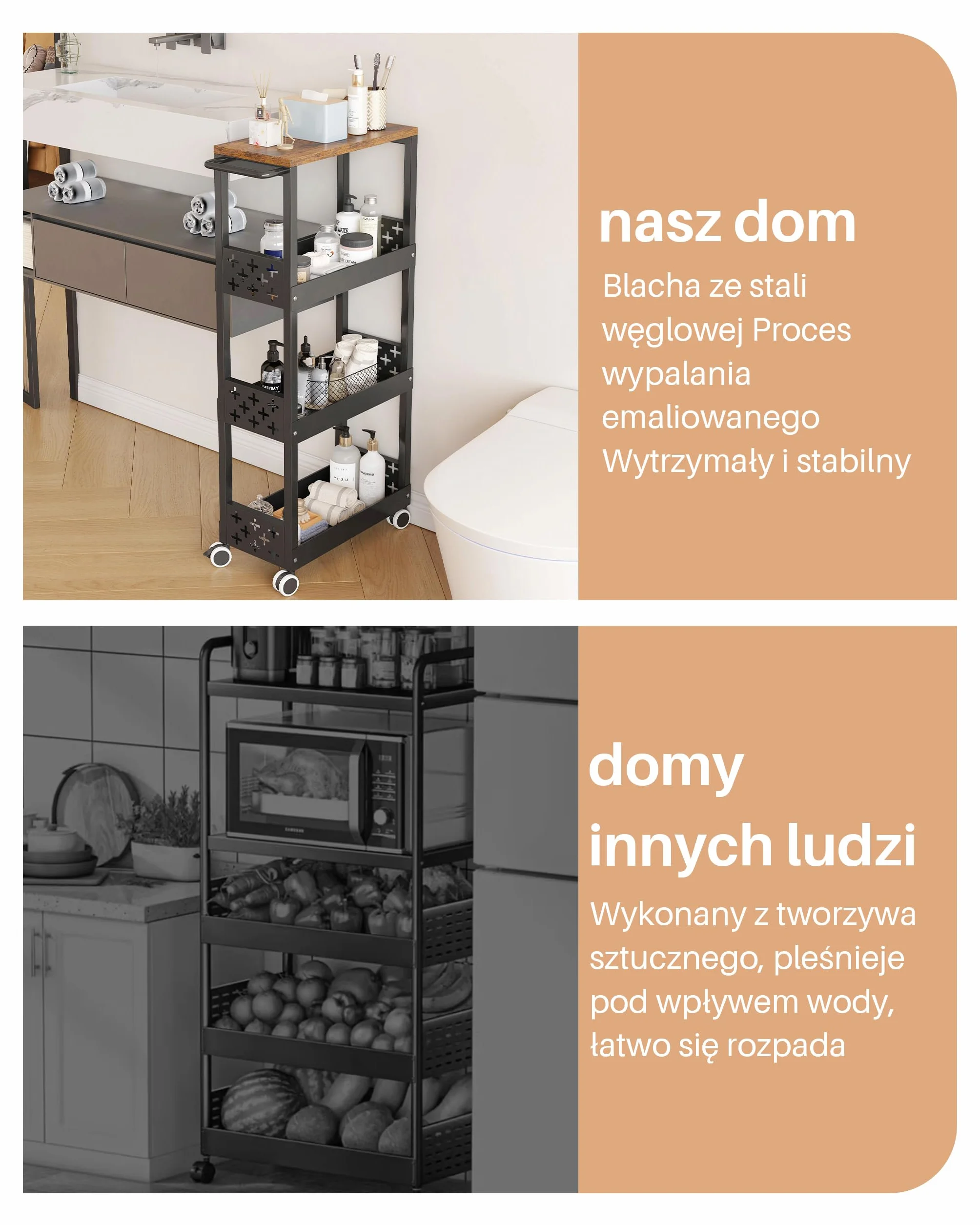 Wąski 4-poziomowy metalowy wózek na kółkach kuchenny czarny