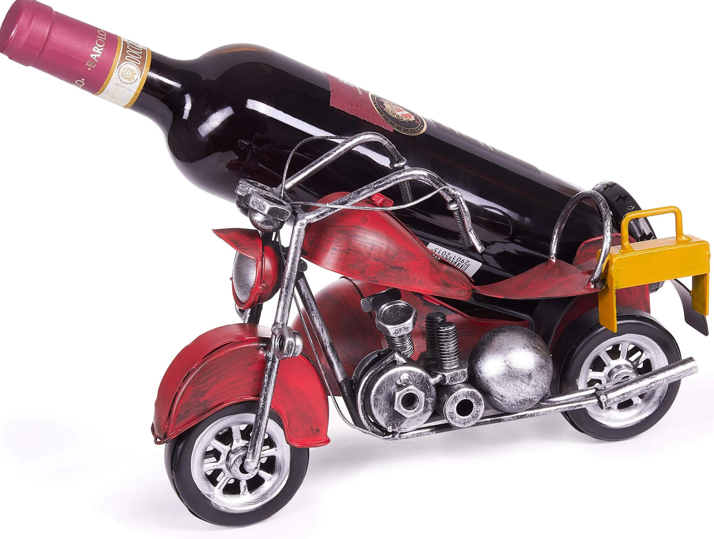 BRUBAKER Stojak na Butelkę Wina Motocykl z Bocznym Wózkiem Czerwony - Vintage Metalowy Chopper Stojak na Butelkę Wina - Ręcznie Malowane Rzeźby z Kartą Podarunkową