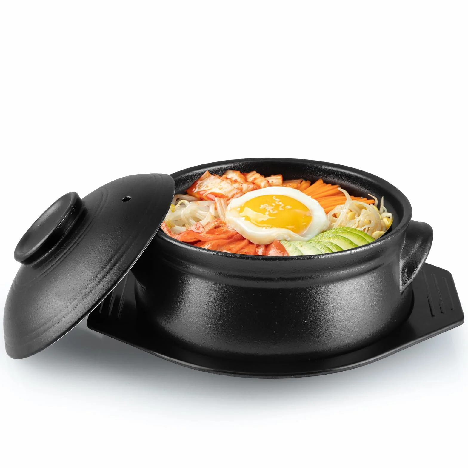 Skelang Koreańska miska Bibimbap, miski ceramiczne, miska na owoce morza z pokrywką i tacą, do gotowania makaronu, zupy, ryżu, pojemność 1,6 l (matowa czerń)