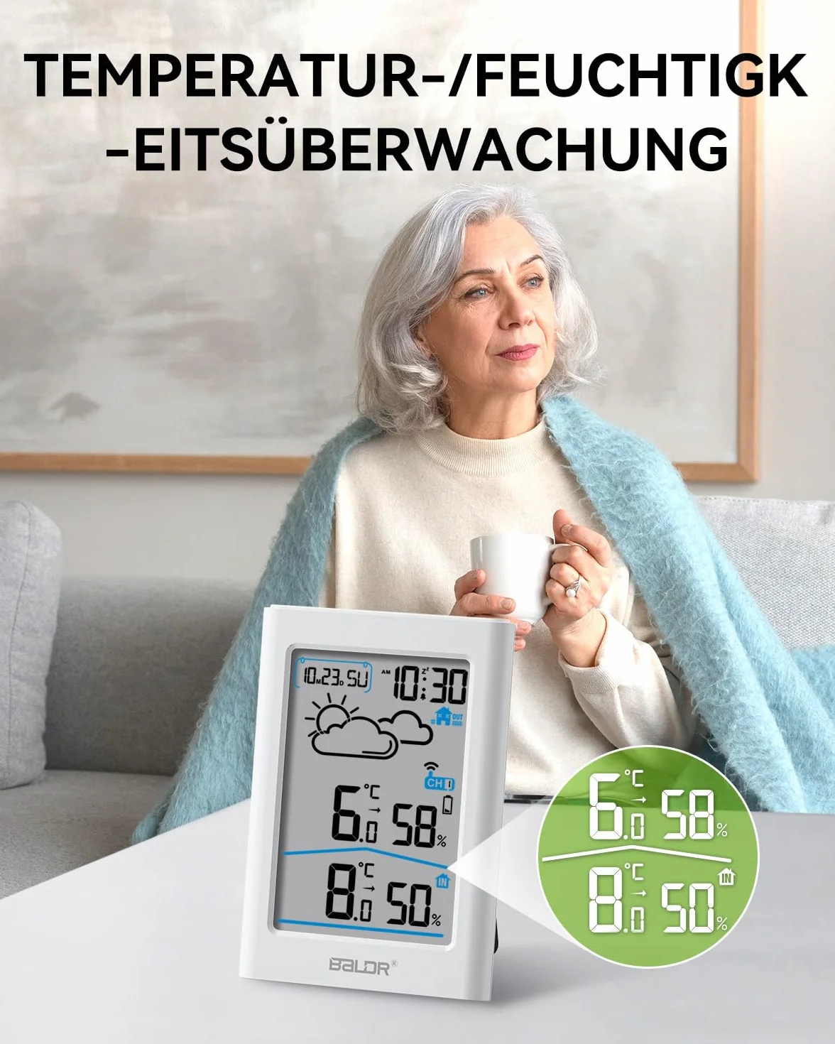 BALDR Radiowa stacja pogodowa z czujnikiem zewnętrznym, cyfrowy zegar radiowy DCF, termometr do użytku wewnątrz i na zewnątrz, wskaźnik temperatury, miernik wilgotności powietrza, radiowy, termometr