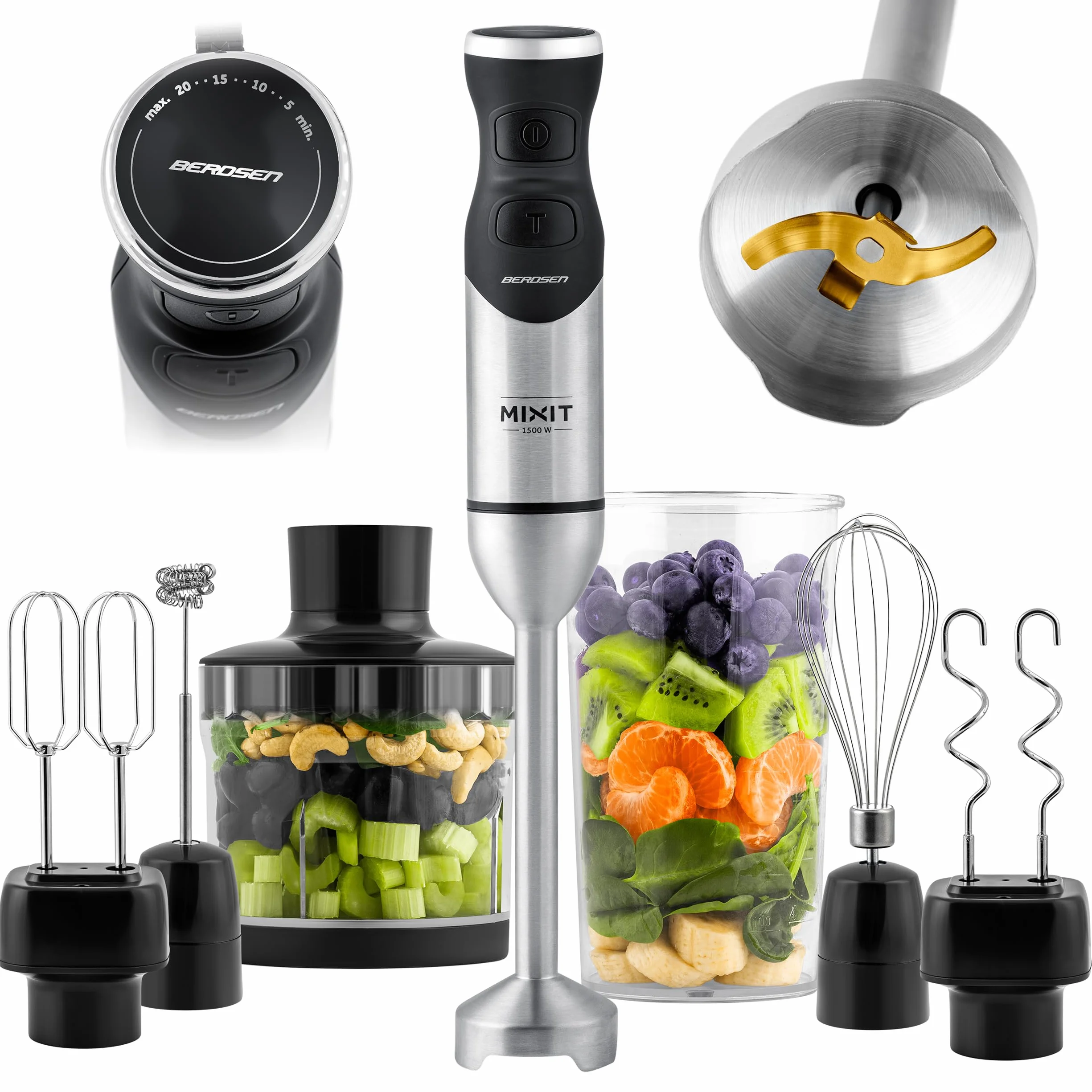Berdsen Blender reczny 375300 1500 W wielofunkcyjny zestaw 6 w 1 tytanowe ostrze kruszy lod turbo 20 predkosci BPA free stal inox
