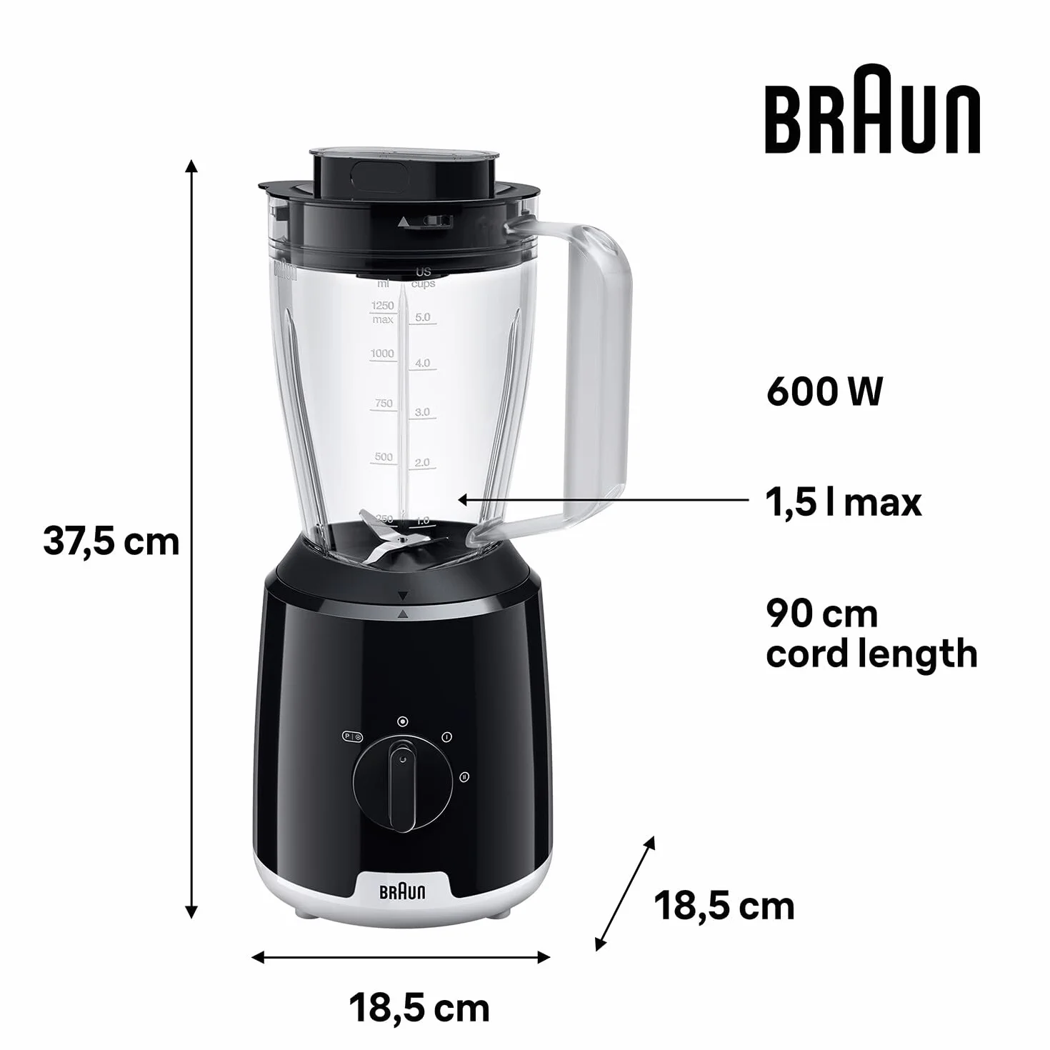 Braun PowerBlend 1 JB1051BK Blender stołowy ze szklanką Smoothie2Go, blender z trójkątnym szklanym dzbankiem, 2 prędkości, funkcja rozdrabniania lodu, 600 W, czarny