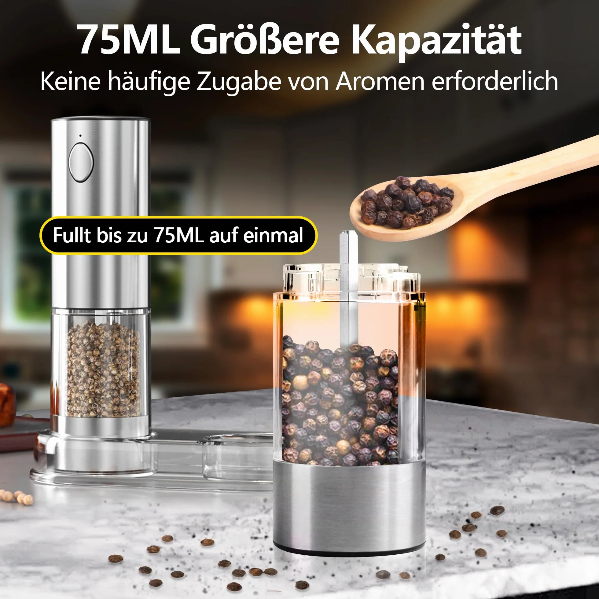 Zestaw 2 elektrycznych młynków do soli i pieprzu BGFOX ze stali nierdzewnej z regulowanym ceramicznym młynkiem od grubego do drobnego, automatyczny zestaw młynków do przypraw z podstawą i oświetleniem
