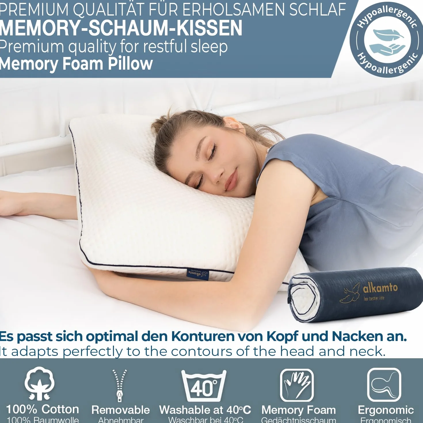 alkamto Poduszka z pianki memory 70x45 cm Ergonomiczna poduszka podpierająca kark Certyfikat Oeko-Tex