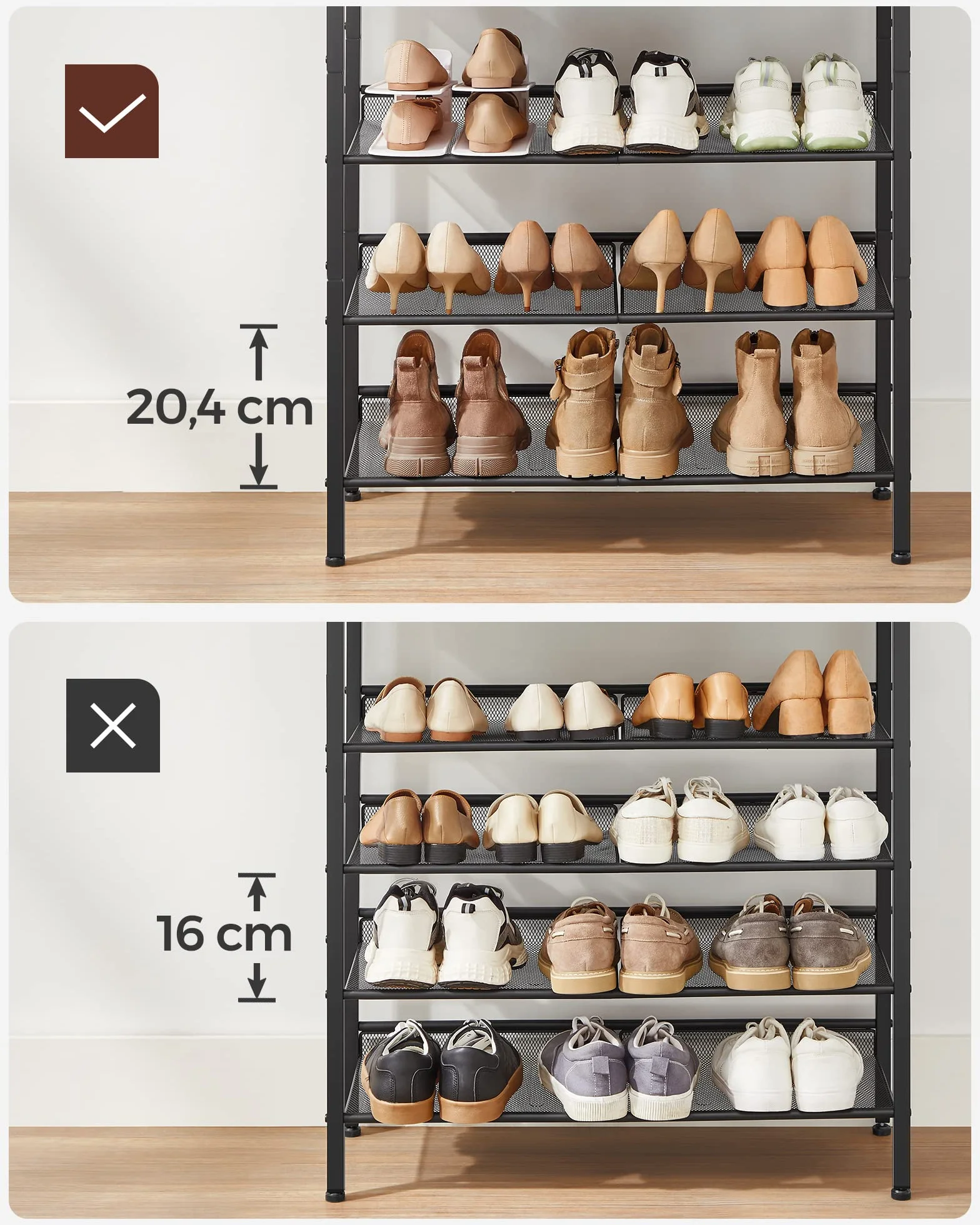 VASAGLE 5-warstwowy regał na buty, wysoki organizer na buty z 4 półkami z siatki i dużą górną częścią do toreb, oszczędność miejsca, do przedpokoju, stali, przemysłu, rustykalny brązowy i czarny