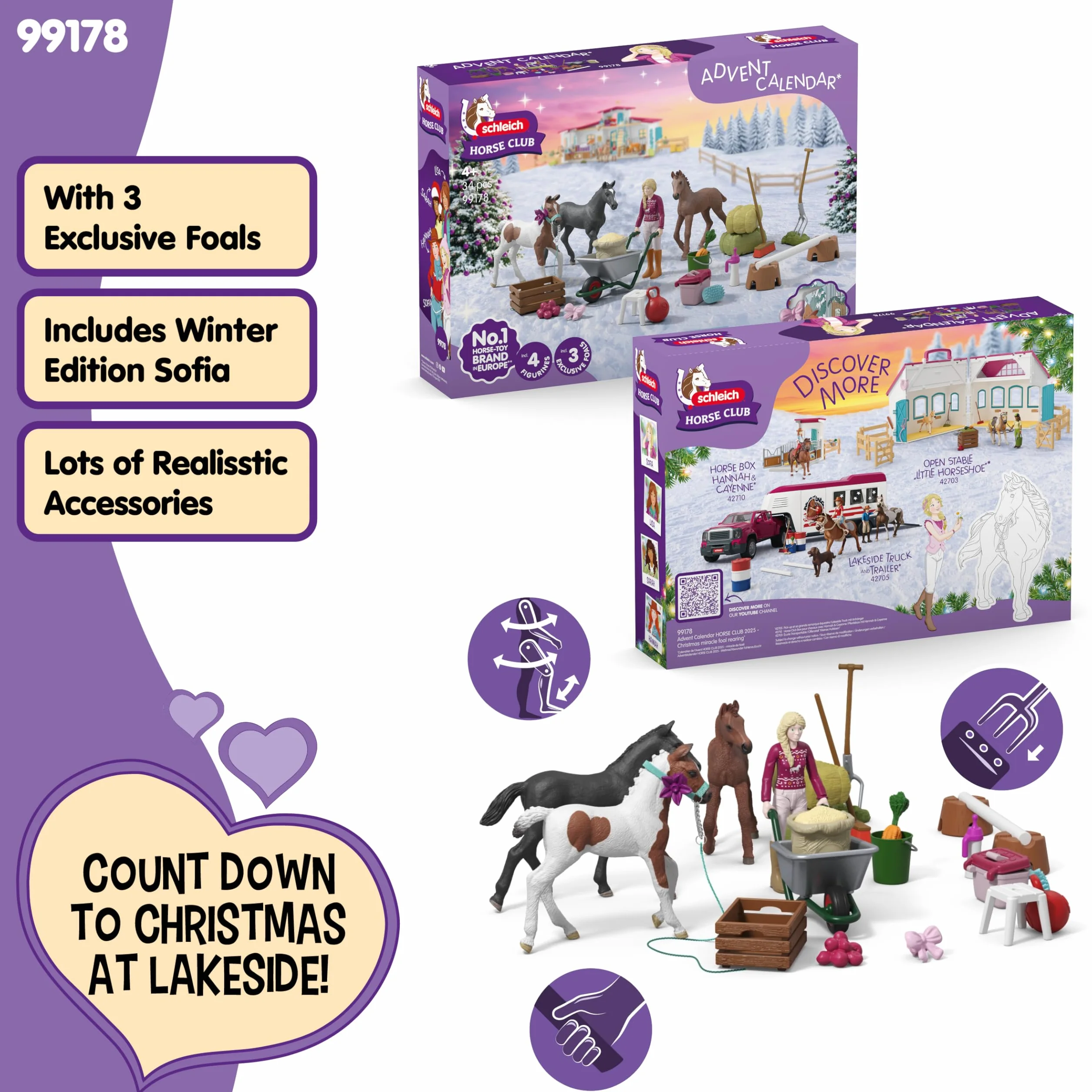 schleich HORSE CLUB | Kalendarz adwentowy HORSE CLUB 2025 – Cud Bożonarodzeniowy Wychów Źrebiąt 99178 | Z ruchomą figurką Sofii, 3 ekskluzywnymi źrebiętami | Prezent od 5 lat | 34 elementy
