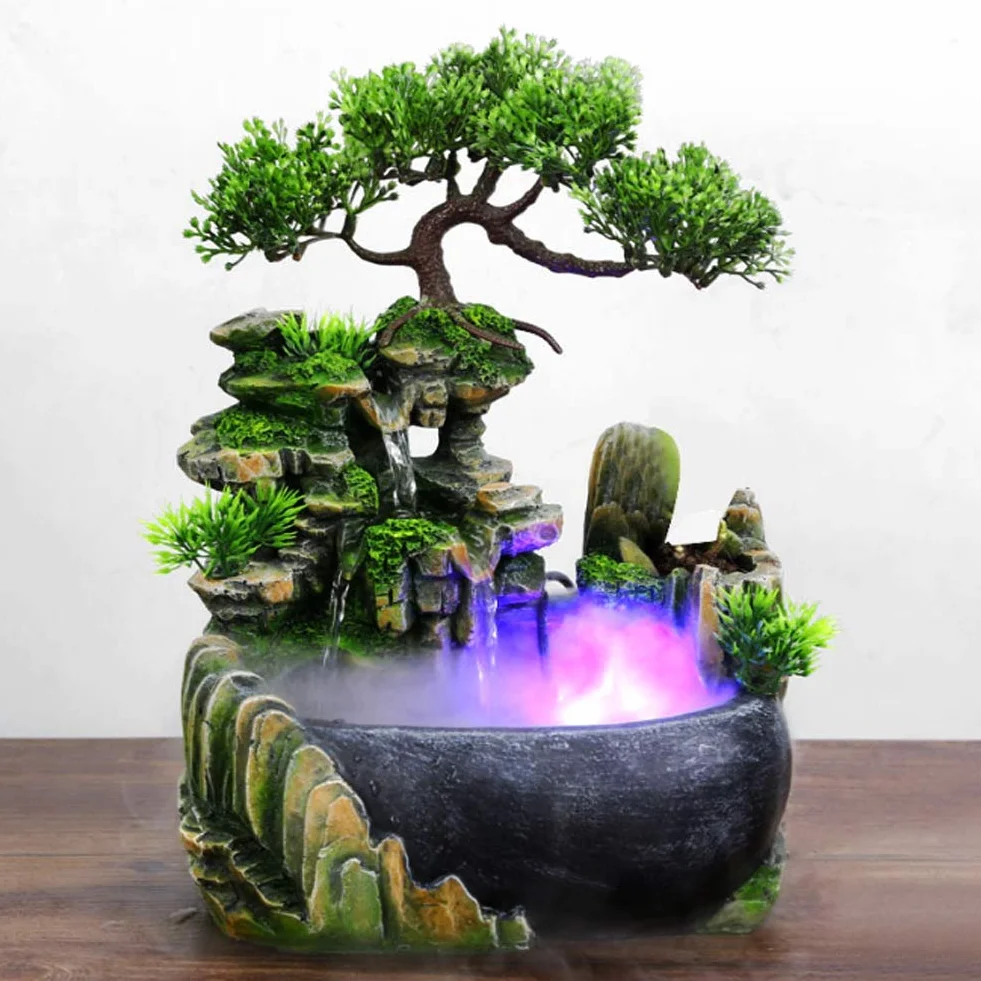 Fontanna na biurko, fontanna LED z wodospadem ze zmianą koloru, wewnętrzna fontanna na biurko do dekoracji biurka Symulacja Rockery Humidifier Decor (EU 220V)