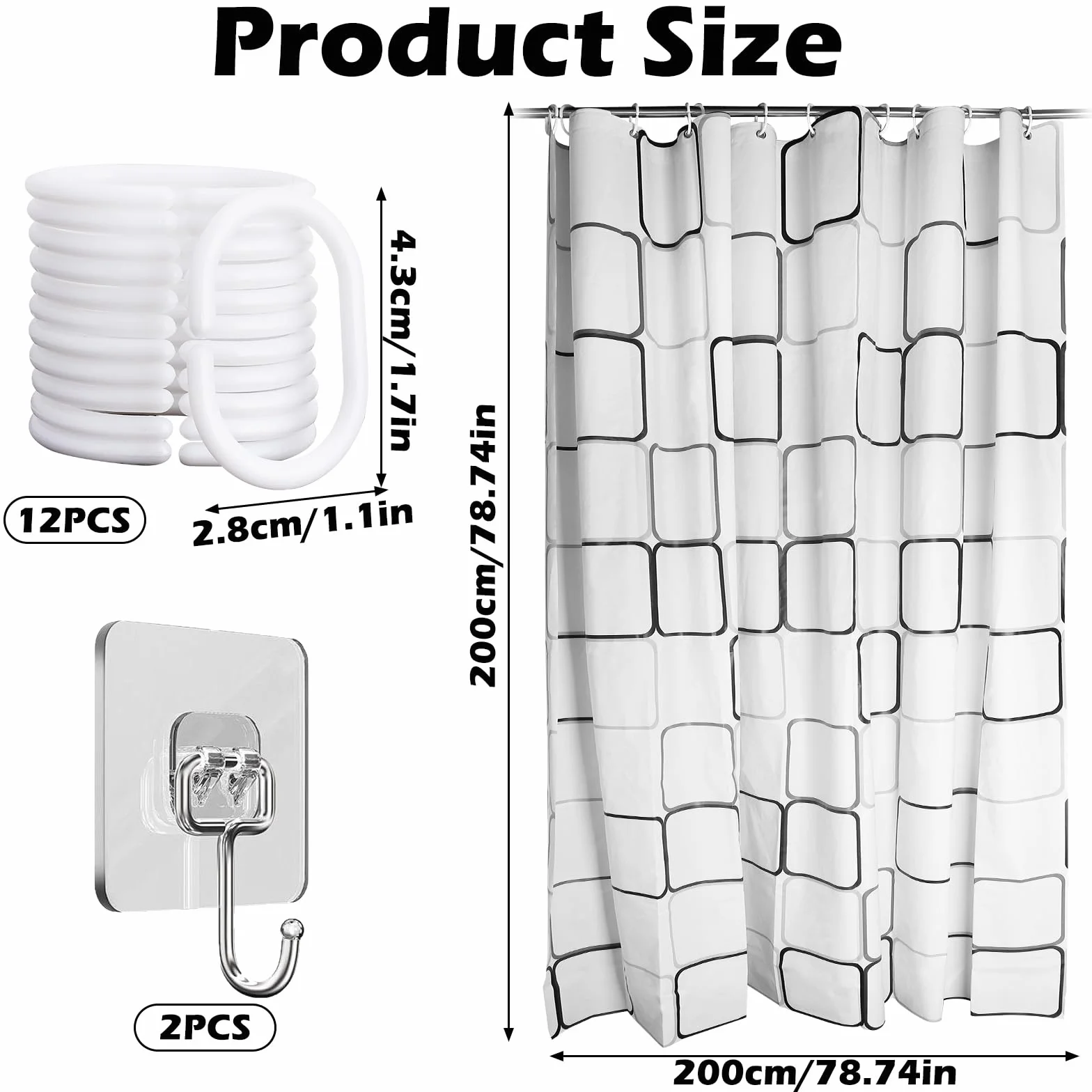 Zasłona prysznicowa, ochrona przed pleśnią, wodoszczelna, nadaje się do prania, z 12 pierścieniami i 2 przezroczystymi haczykami, do wanny, łazienki, 200 x 200 cm