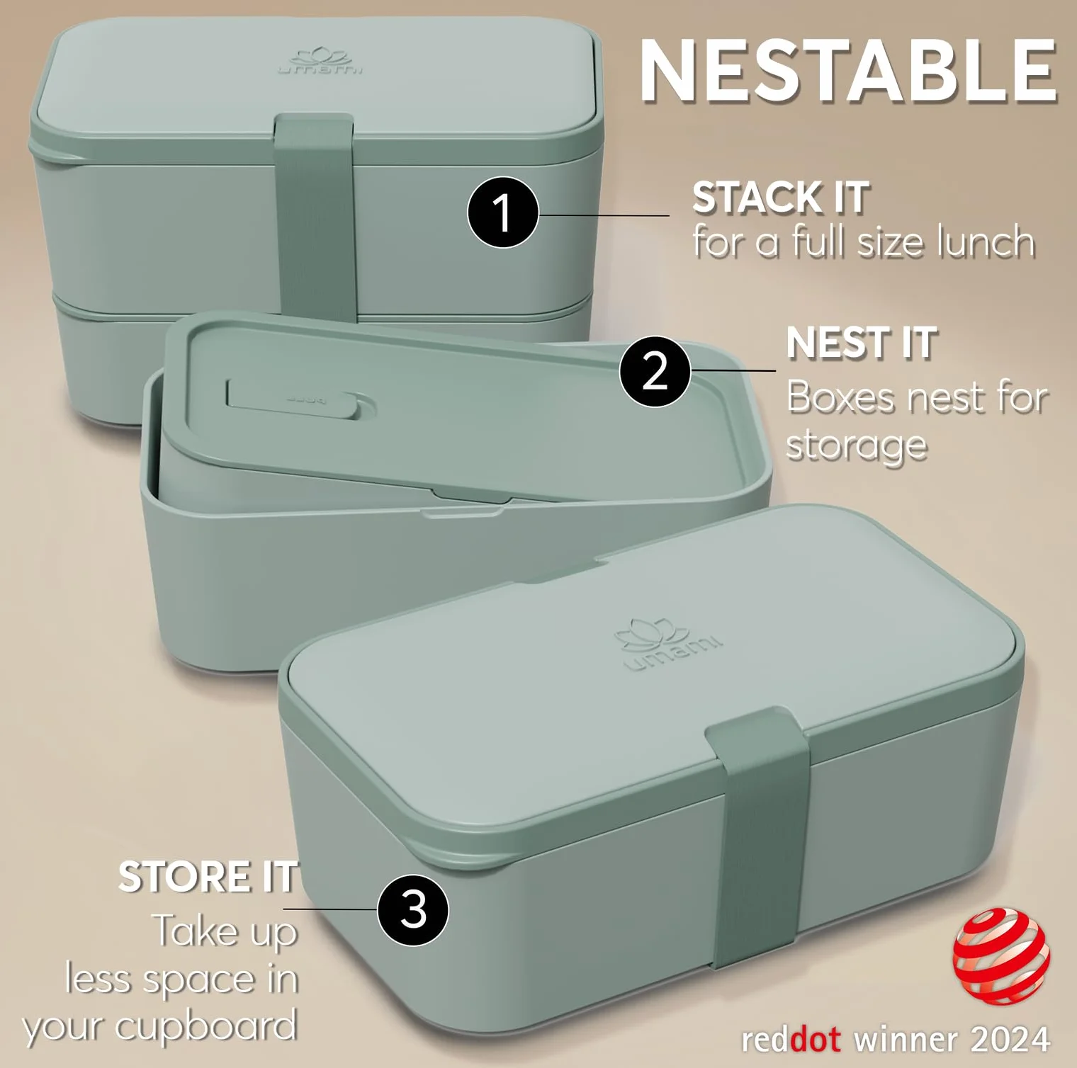 Umami Bento Lunch Box z 4 przegródkami, sztućce i 2 słoiki na sosy, do mikrofalówki