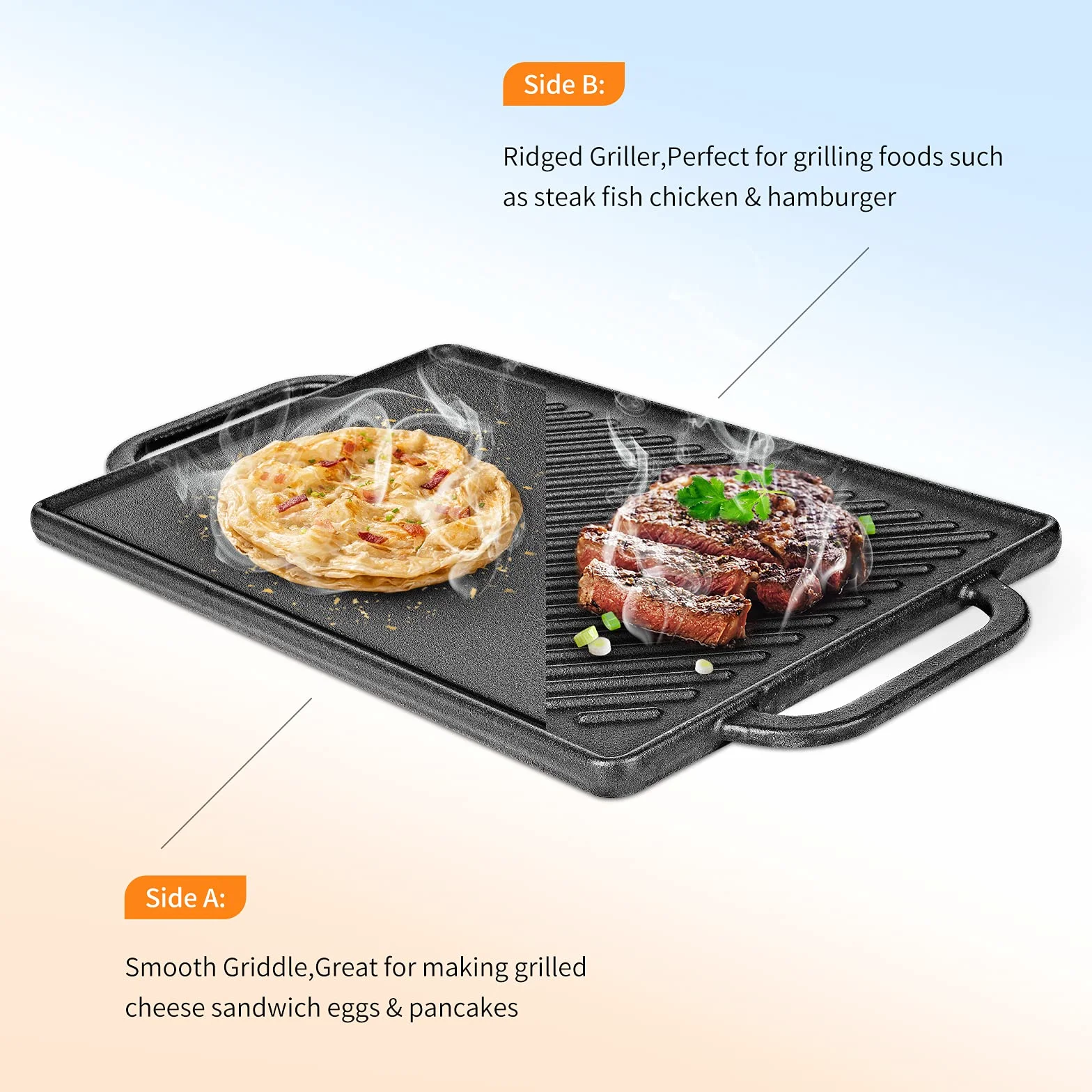 GFTIME Żeliwna płyta grillowa dwustronna 33 x 21 cm do piekarnika i grilla